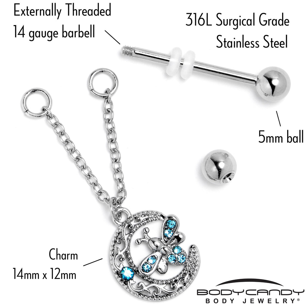 BodyCandy 14G 9/16 Blue Gem Lunar Dragonfly Chain Dangle Nipple Ring Set — back view