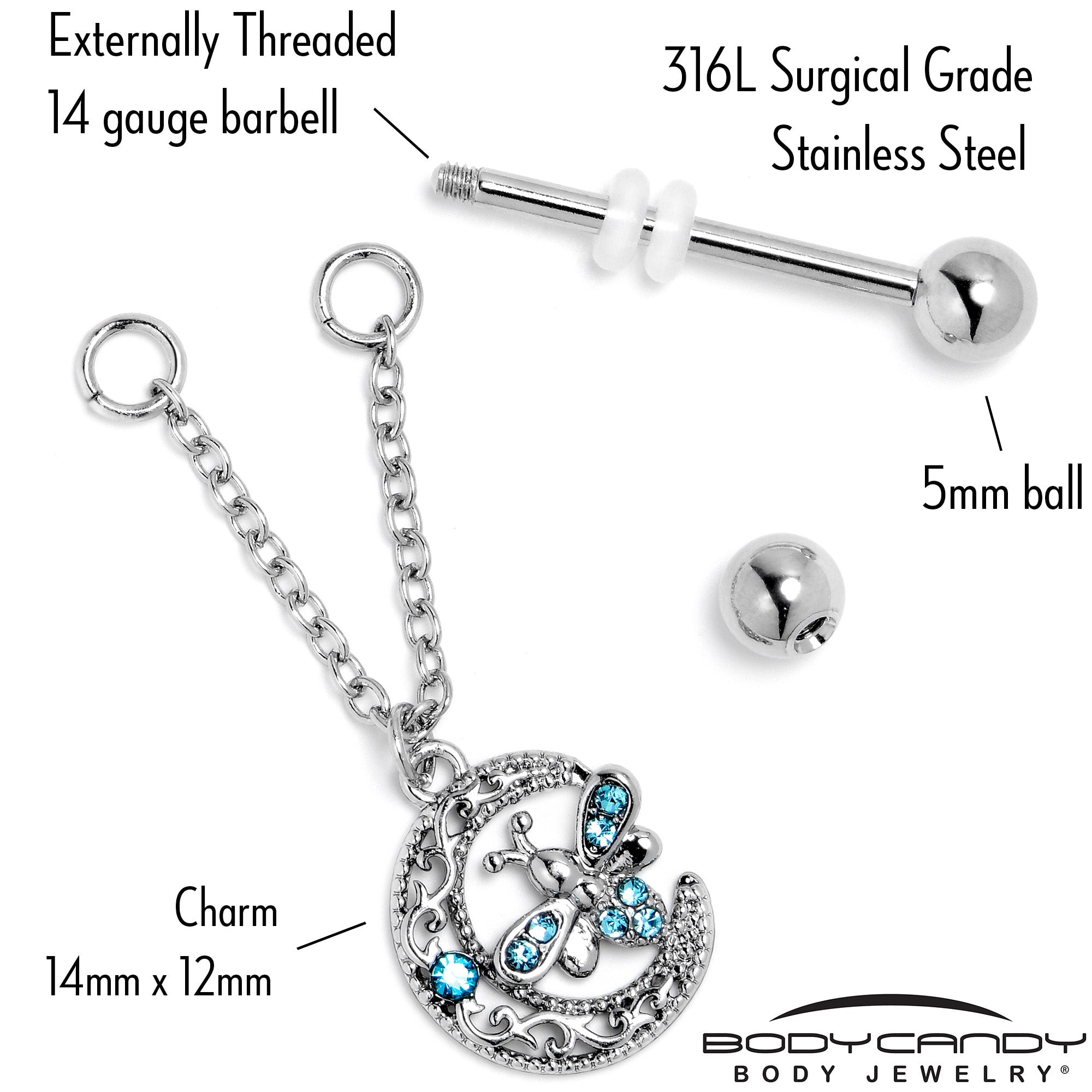 BodyCandy 14G 9/16 Blue Gem Lunar Dragonfly Chain Dangle Nipple Ring Set — back view