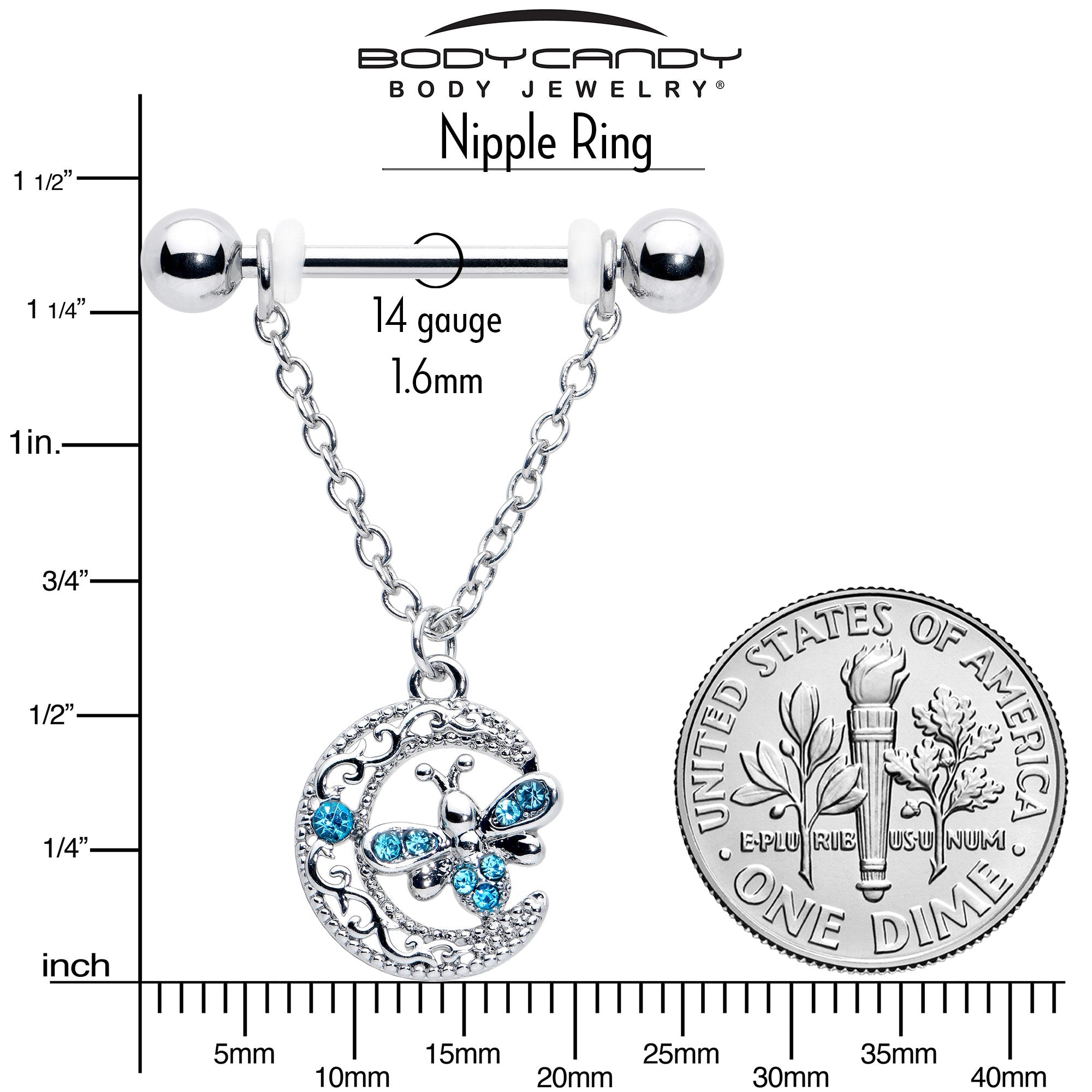 BodyCandy 14G 9/16 Blue Gem Lunar Dragonfly Chain Dangle Nipple Ring Set — alternative angle
