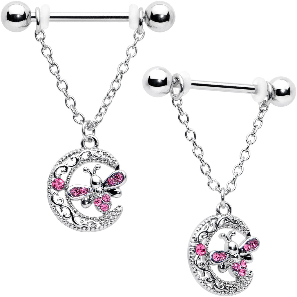 BodyCandy 14G 9/16 Pink Gem Lunar Dragonfly Chain Dangle Nipple Ring Set — main product shot