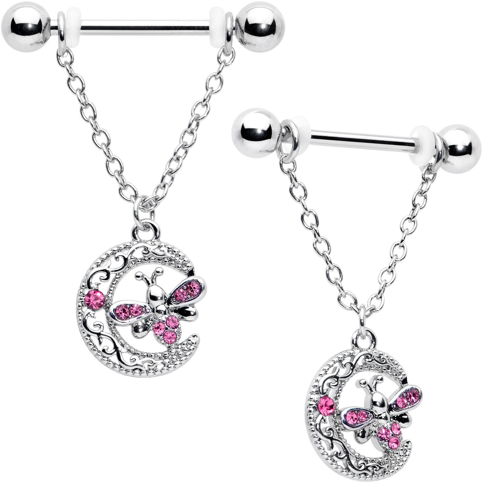BodyCandy 14G 9/16 Pink Gem Lunar Dragonfly Chain Dangle Nipple Ring Set — main product shot