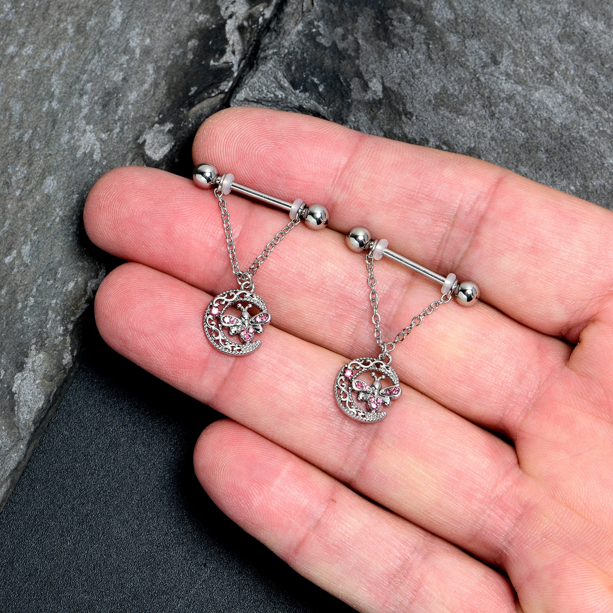 BodyCandy 14G 9/16 Pink Gem Lunar Dragonfly Chain Dangle Nipple Ring Set — detail close-up