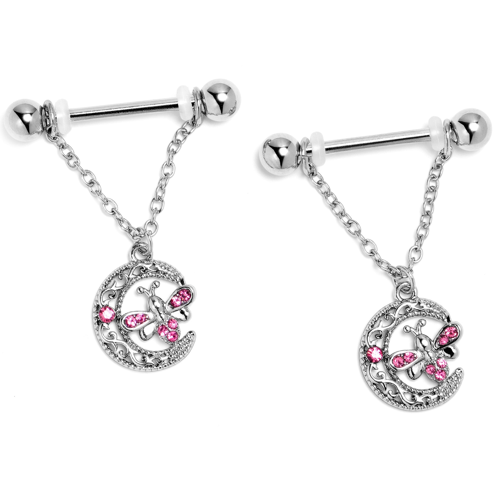 BodyCandy 14G 9/16 Pink Gem Lunar Dragonfly Chain Dangle Nipple Ring Set — lifestyle context