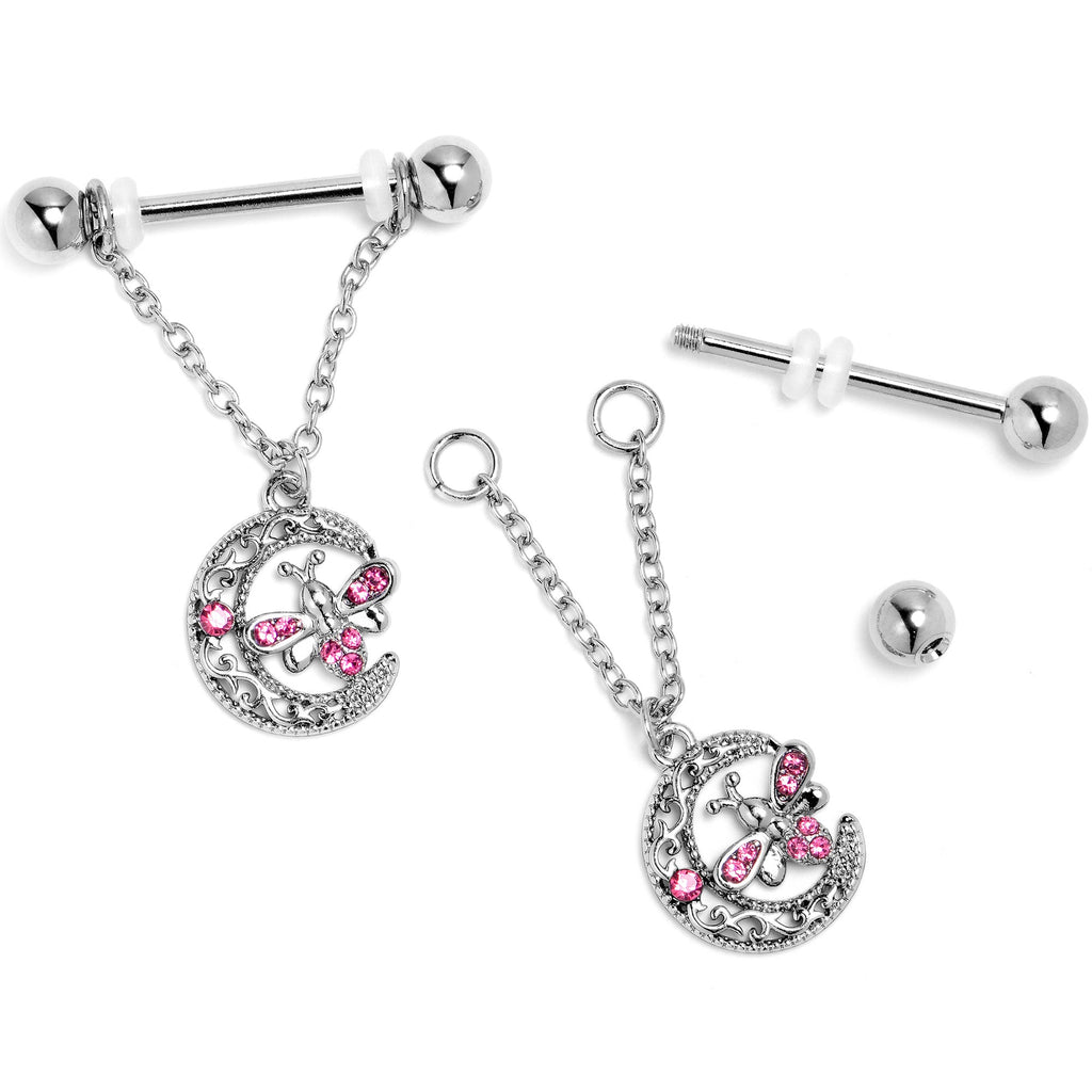 BodyCandy 14G 9/16 Pink Gem Lunar Dragonfly Chain Dangle Nipple Ring Set — side view