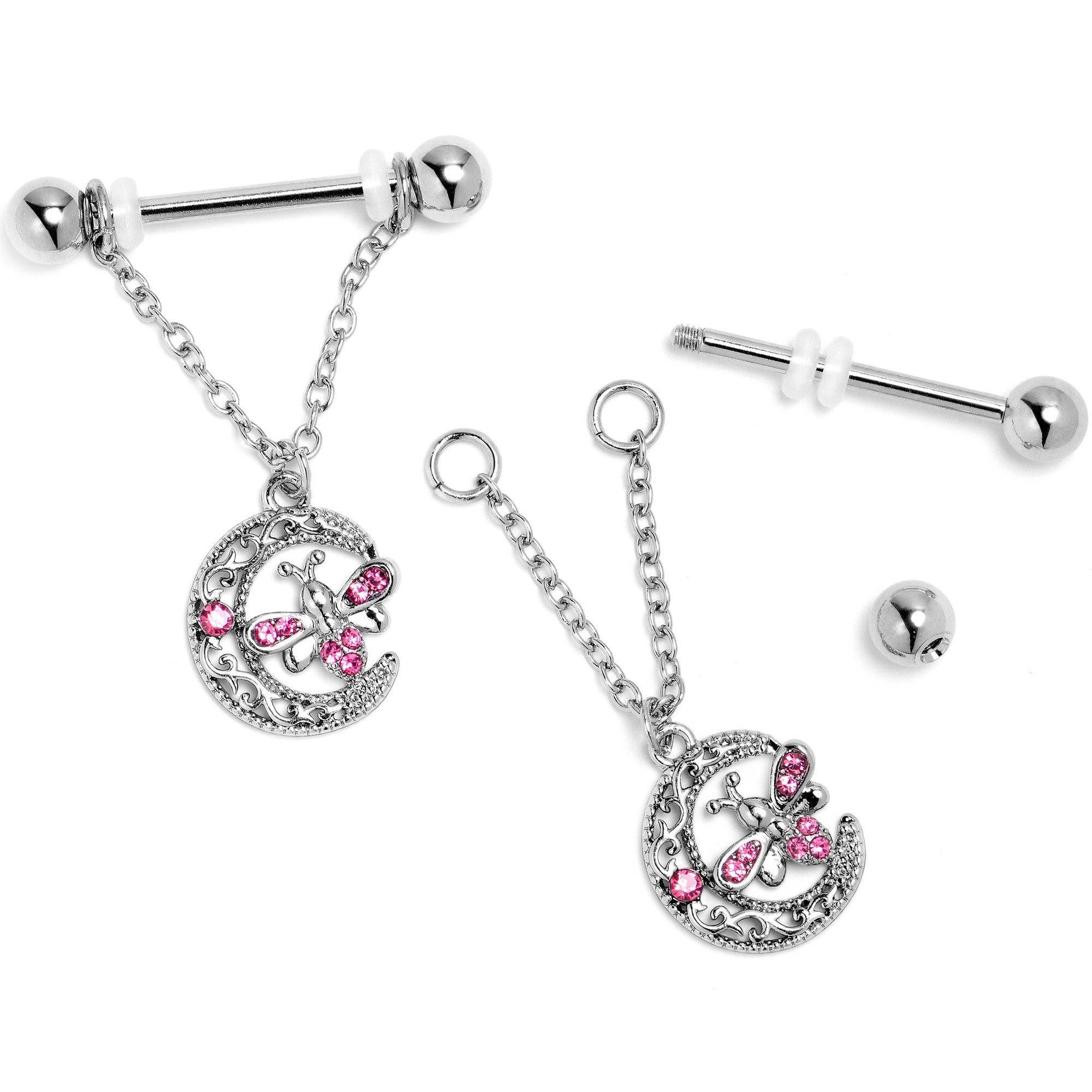 BodyCandy 14G 9/16 Pink Gem Lunar Dragonfly Chain Dangle Nipple Ring Set — side view