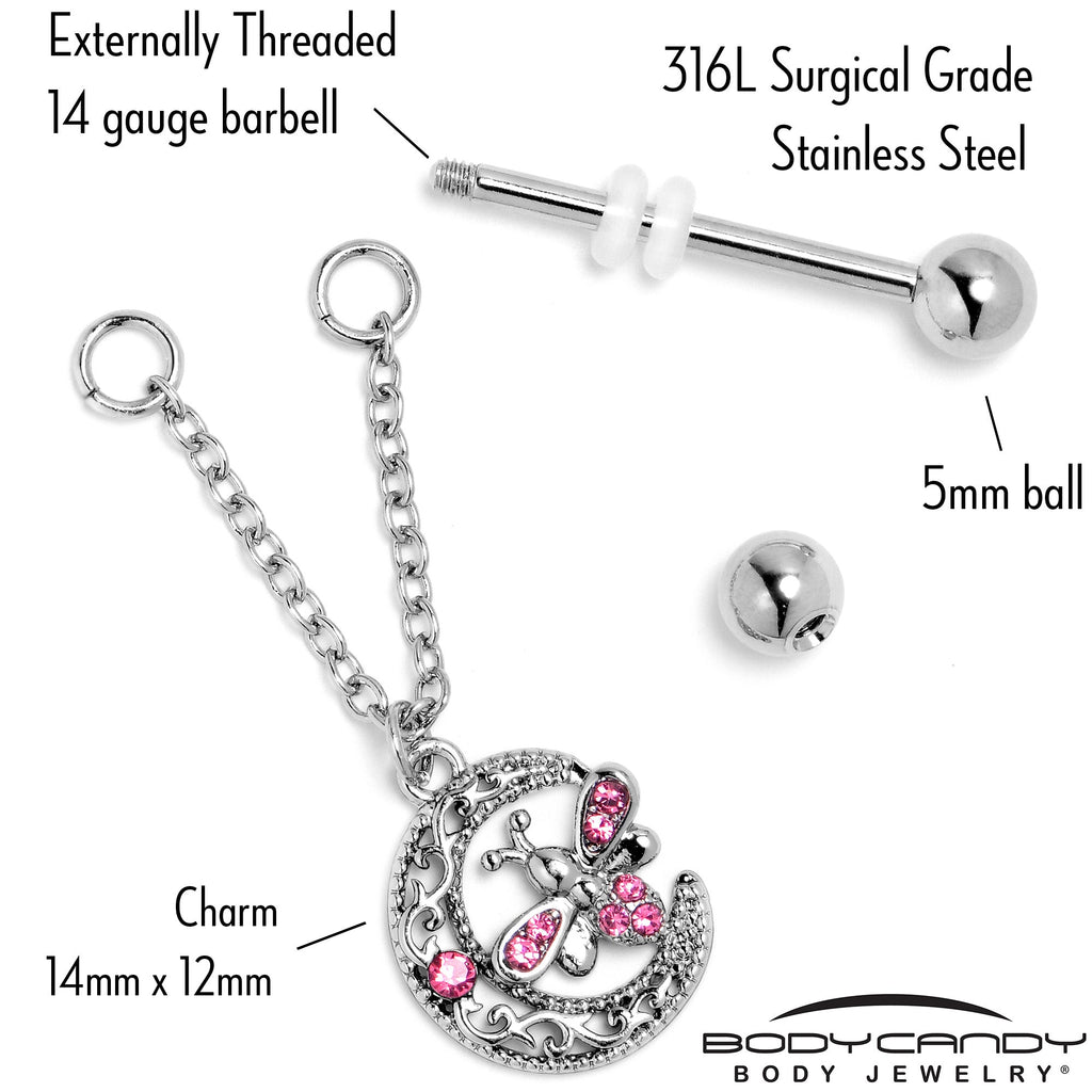 BodyCandy 14G 9/16 Pink Gem Lunar Dragonfly Chain Dangle Nipple Ring Set — back view