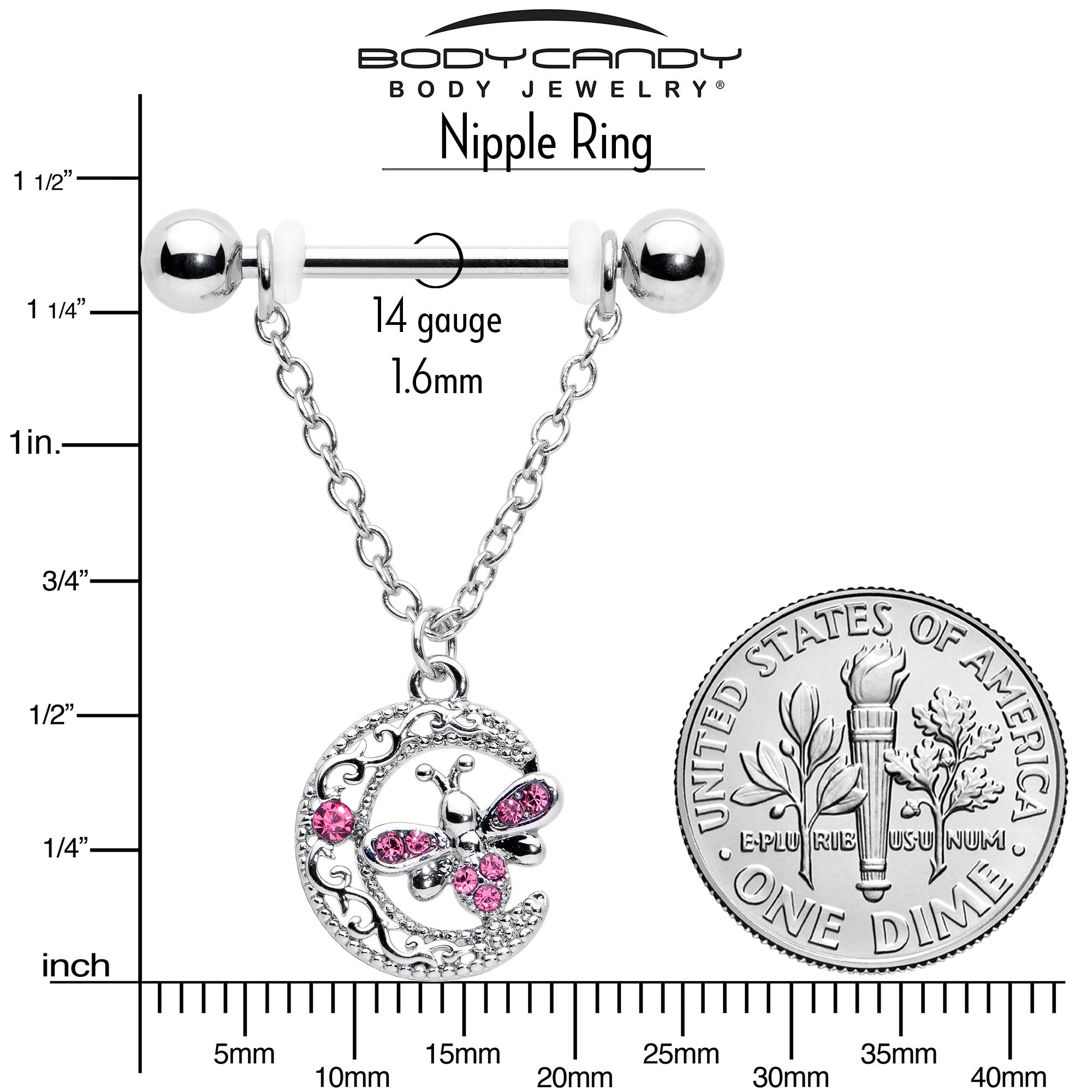 BodyCandy 14G 9/16 Pink Gem Lunar Dragonfly Chain Dangle Nipple Ring Set — alternative angle