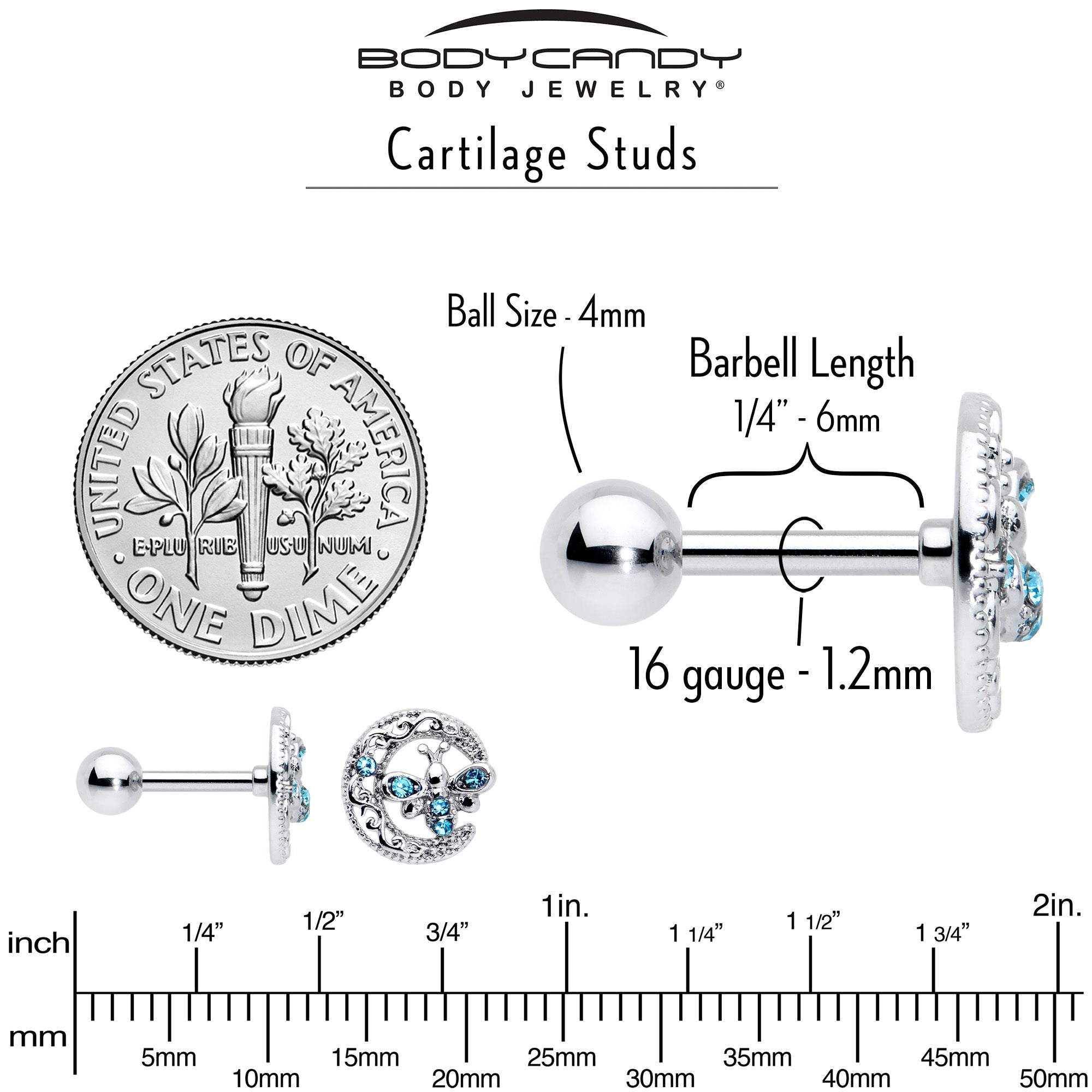BodyCandy 16G 1/4 Blue Gem Lunar Dragonfly Cartilage Tragus Earring — alternative angle