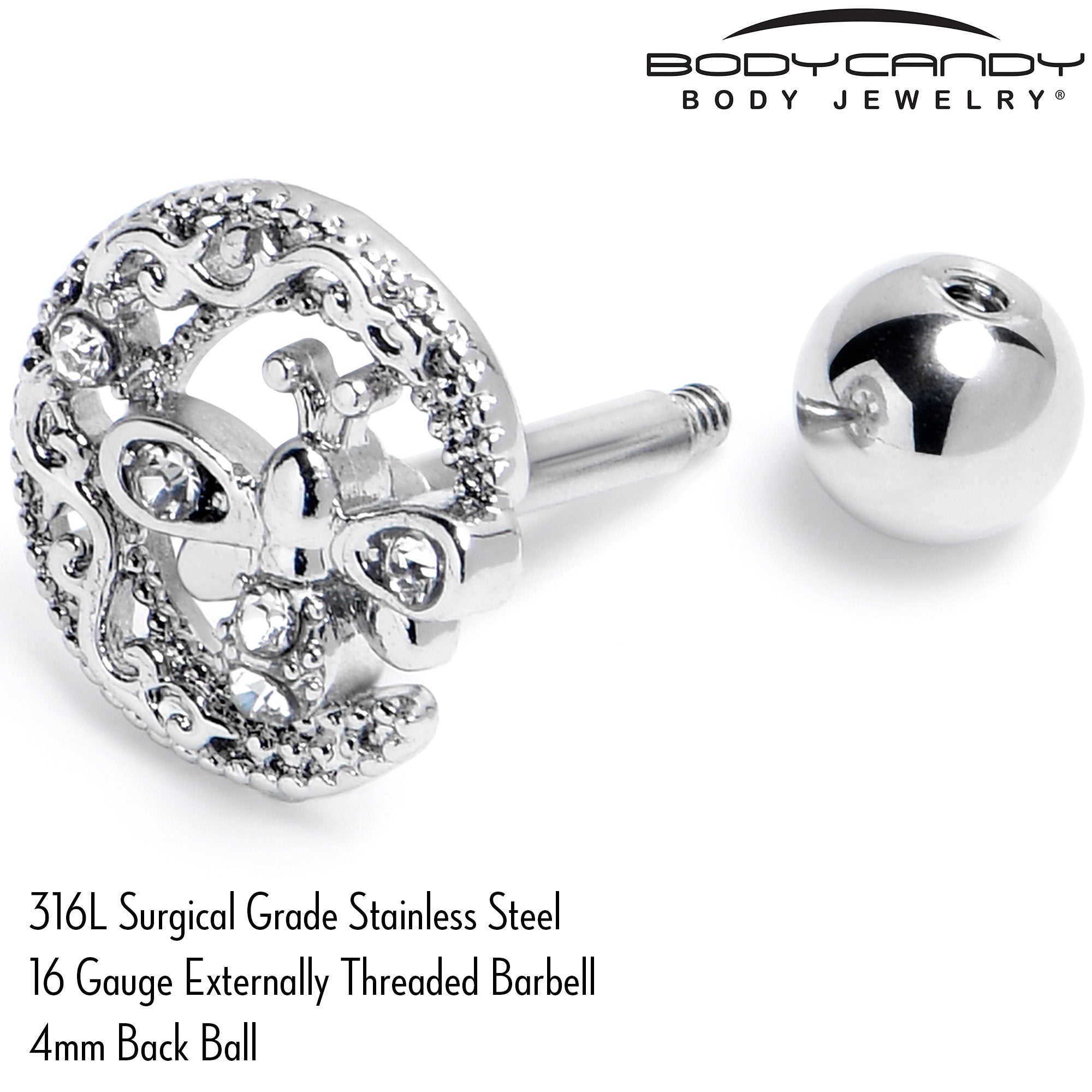 BodyCandy 16G 1/4 Clear Gem Lunar Dragonfly Cartilage Tragus Earring — back view