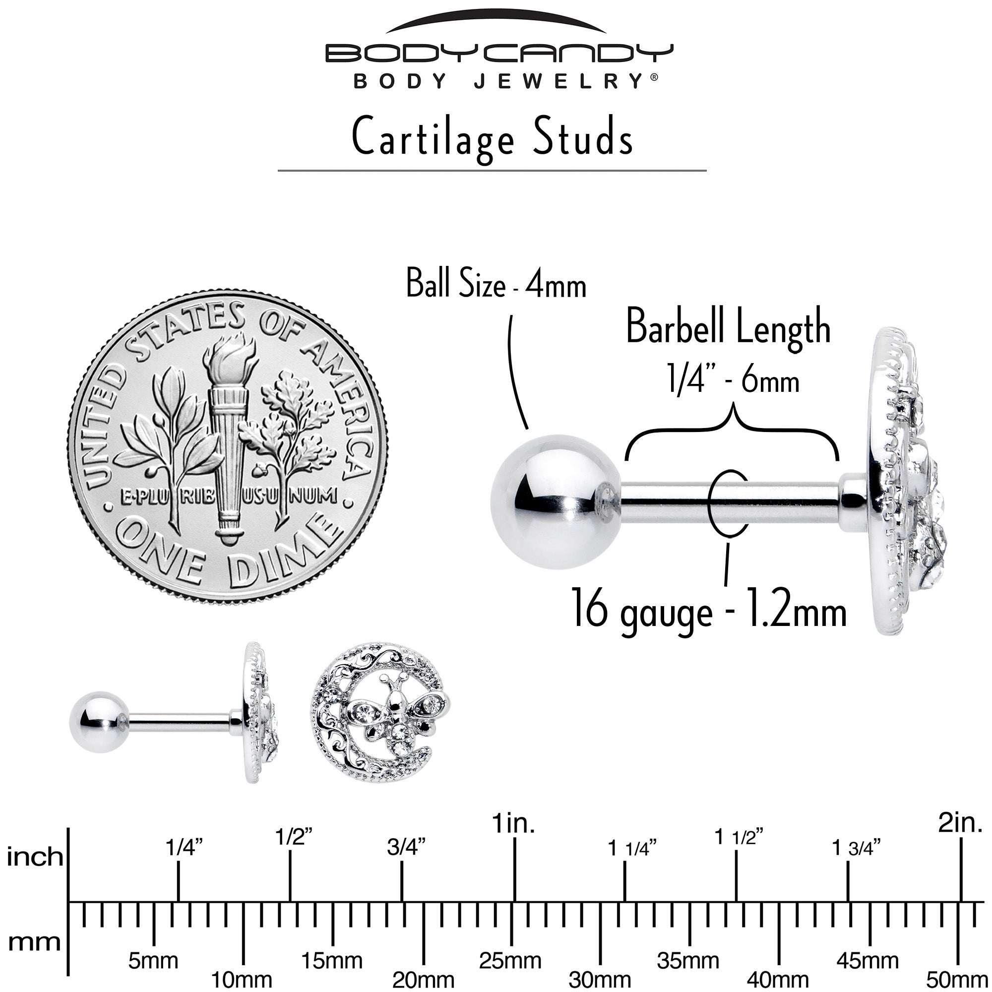 BodyCandy 16G 1/4 Clear Gem Lunar Dragonfly Cartilage Tragus Earring — alternative angle