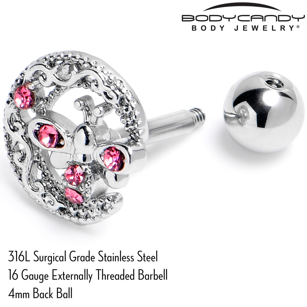 BodyCandy 16G 1/4 Pink Gem Lunar Dragonfly Cartilage Tragus Earring — back view