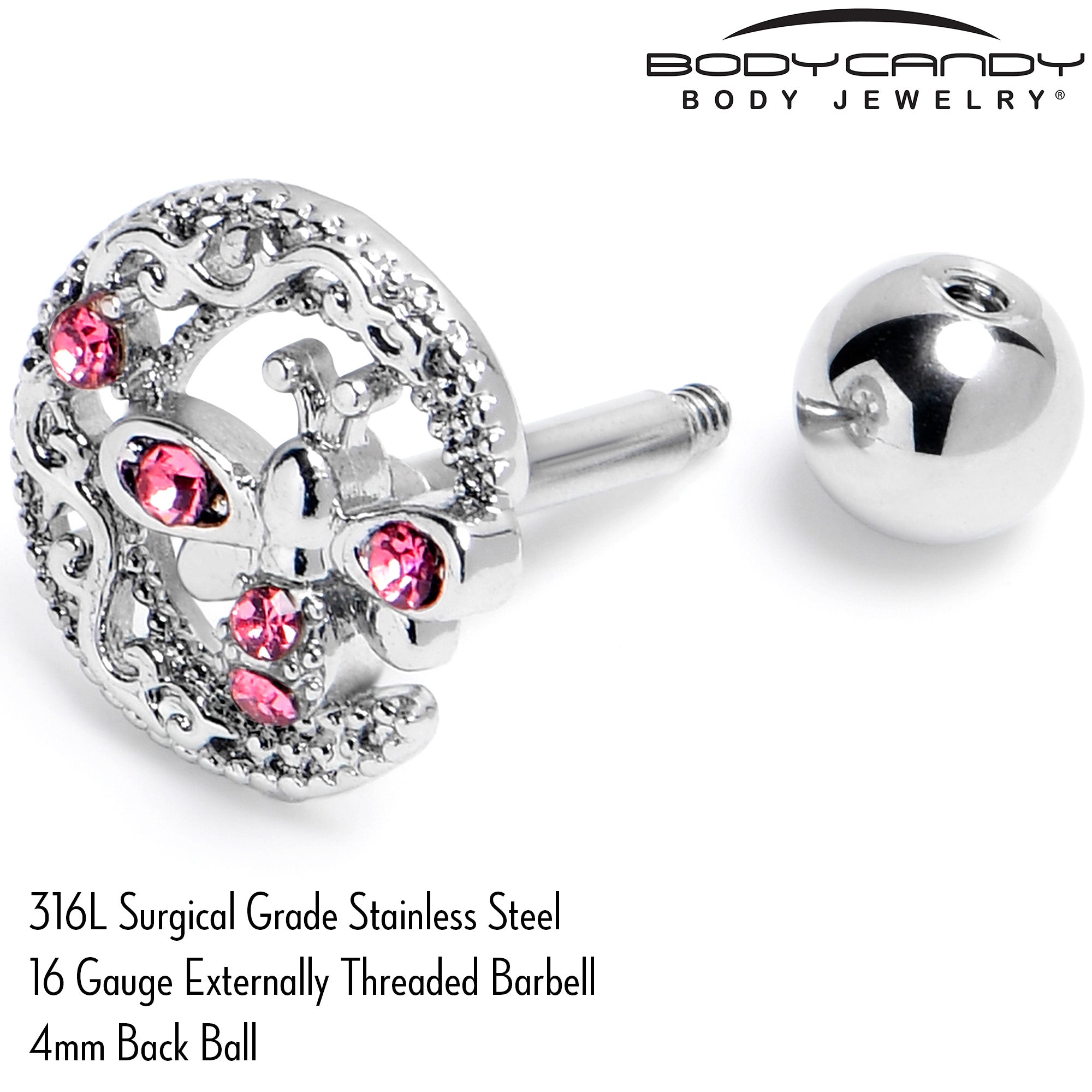 BodyCandy 16G 1/4 Pink Gem Lunar Dragonfly Cartilage Tragus Earring — back view