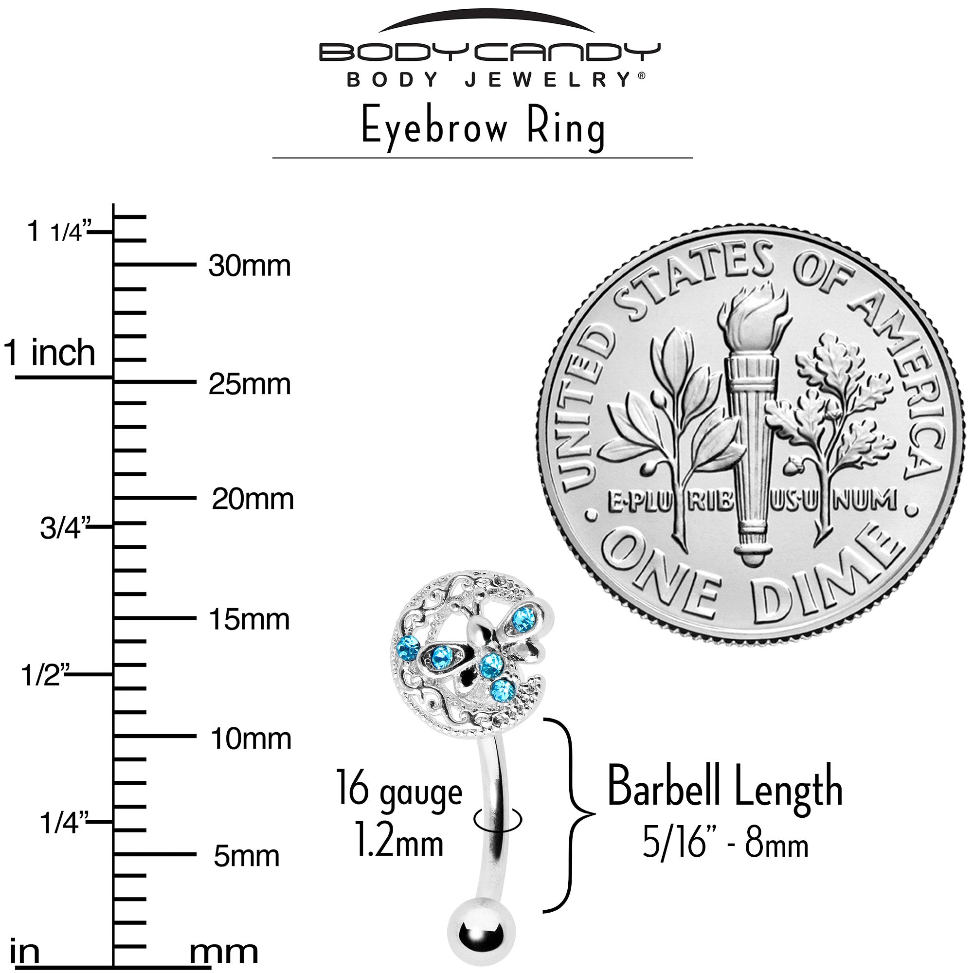 BodyCandy 16G 5/16 Blue Gem Lunar Dragonfly Curved Eyebrow Ring — alternative angle