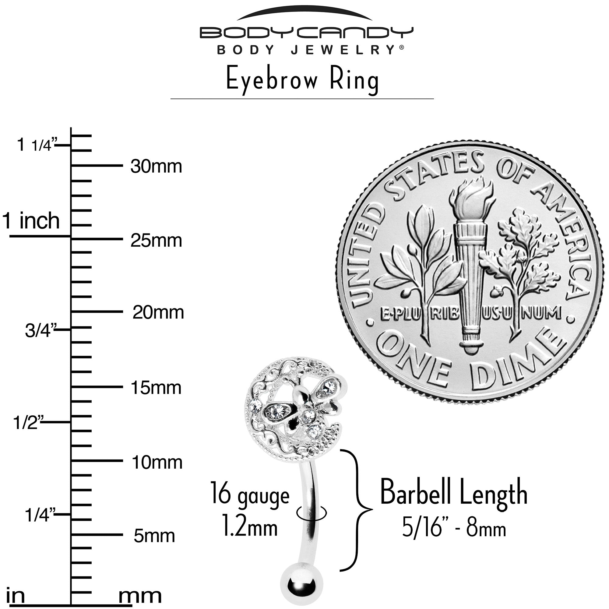 BodyCandy 16G 5/16 Clear Gem Lunar Dragonfly Curved Eyebrow Ring — alternative angle