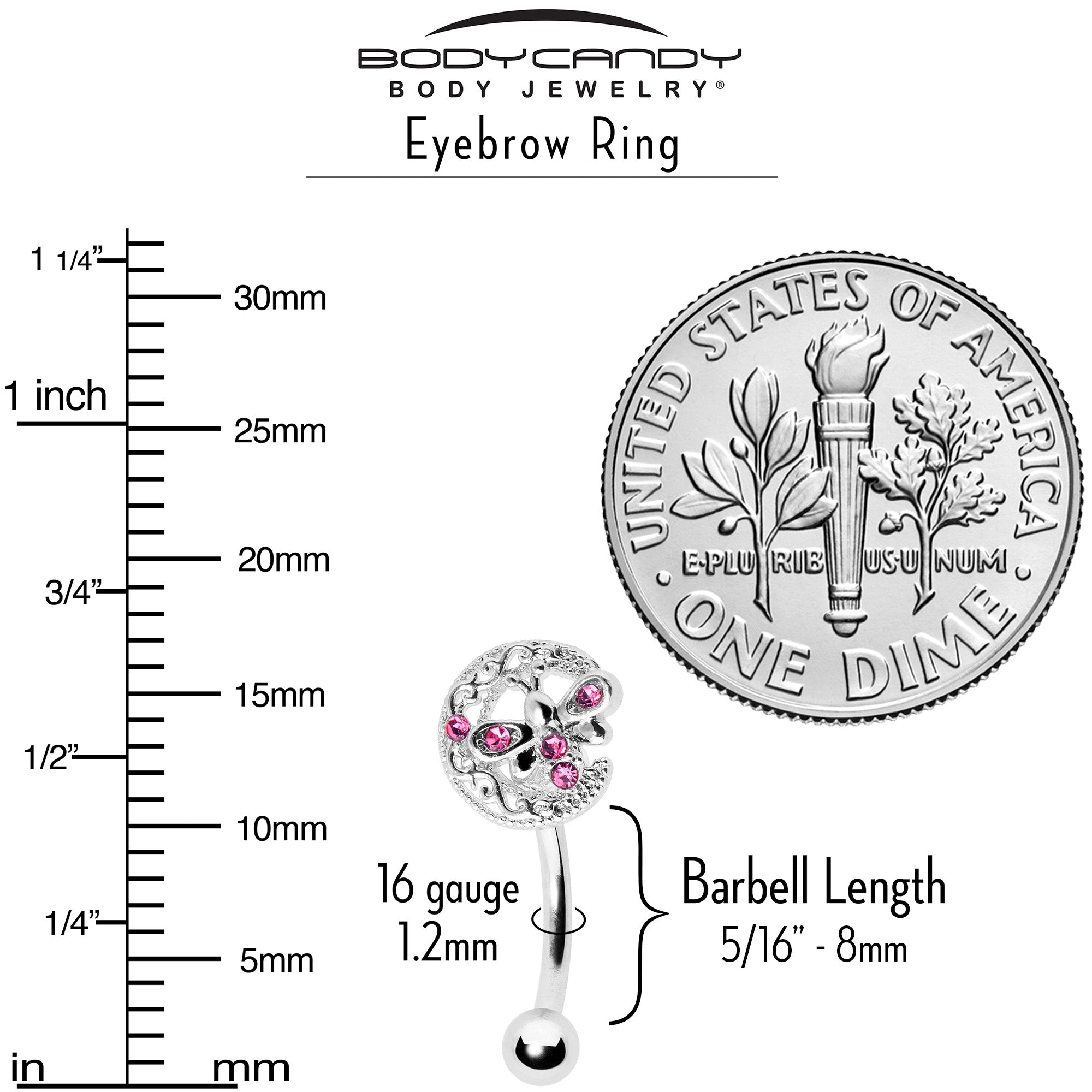 BodyCandy 16G 5/16 Pink Gem Lunar Dragonfly Curved Eyebrow Ring — alternative angle