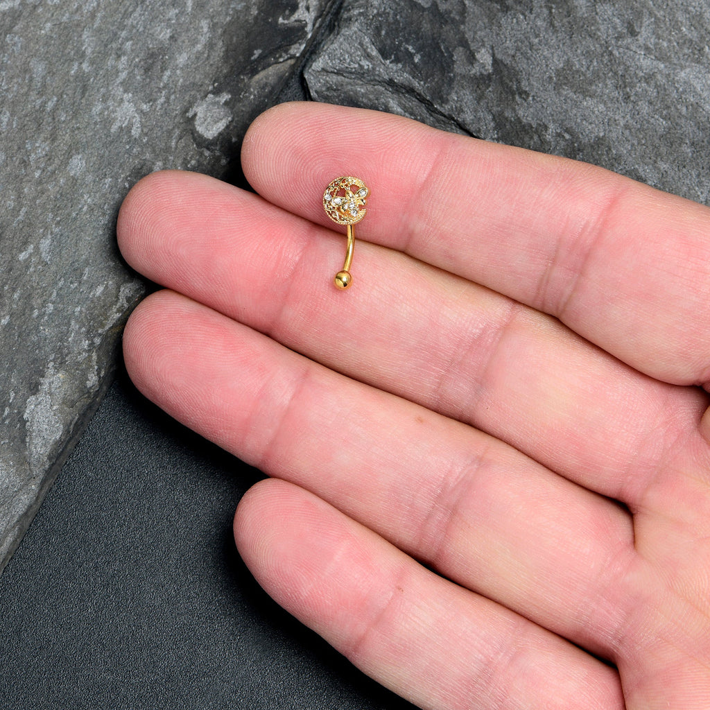 BodyCandy 16G 5/16 Clear Gem Gold Tone Lunar Dragonfly Curved Eyebrow Ring — detail close-up