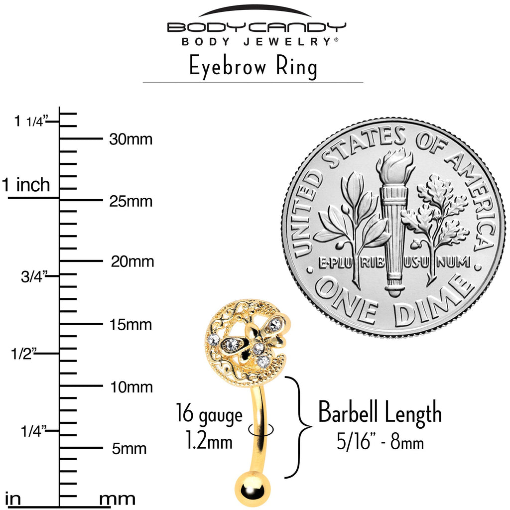 BodyCandy 16G 5/16 Clear Gem Gold Tone Lunar Dragonfly Curved Eyebrow Ring — alternative angle