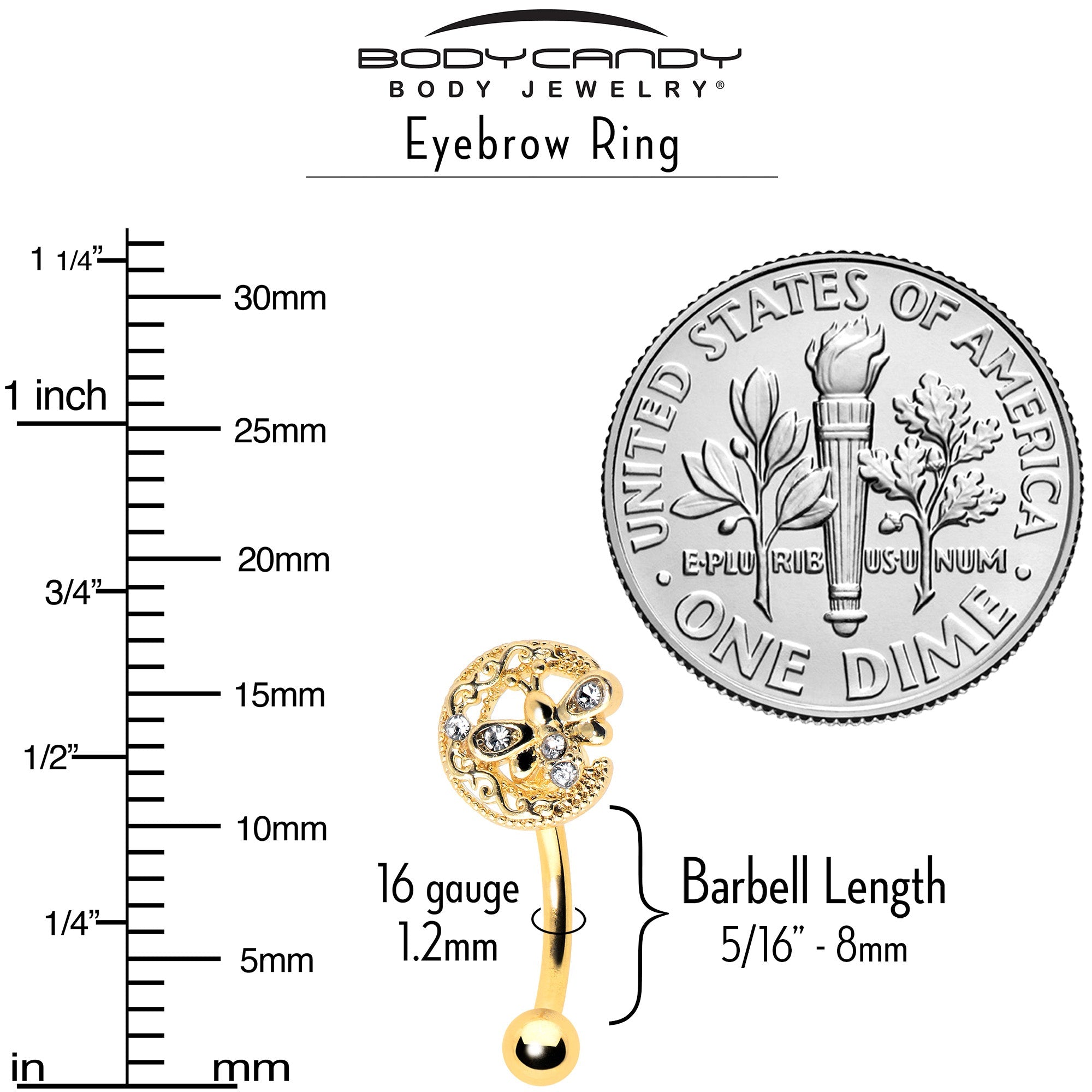 BodyCandy 16G 5/16 Clear Gem Gold Tone Lunar Dragonfly Curved Eyebrow Ring — alternative angle