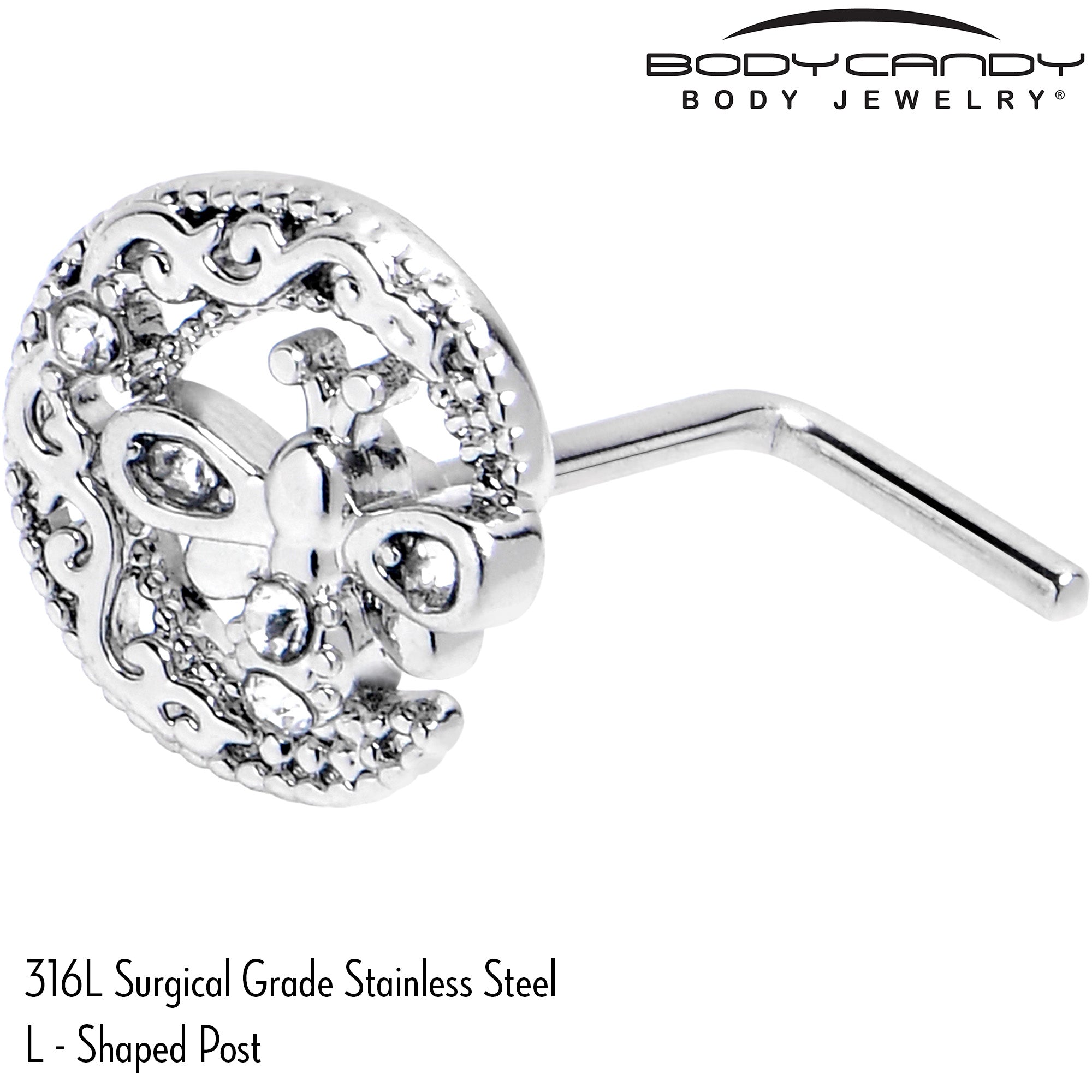 BodyCandy 20G 7mm Clear Gem Lunar Dragonfly L Shape Nose Ring — back view
