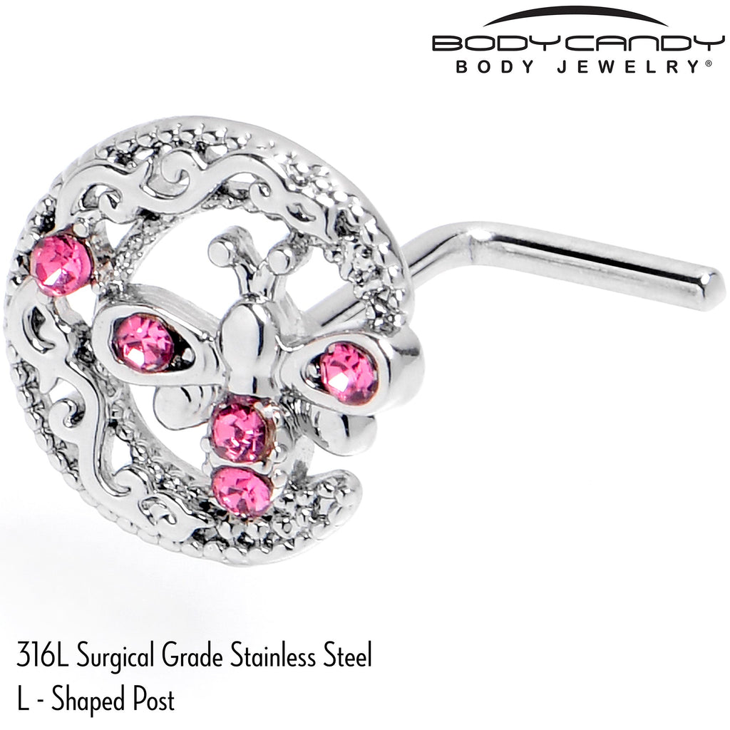 BodyCandy 20G 7mm Pink Gem Lunar Dragonfly L Shape Nose Ring — back view