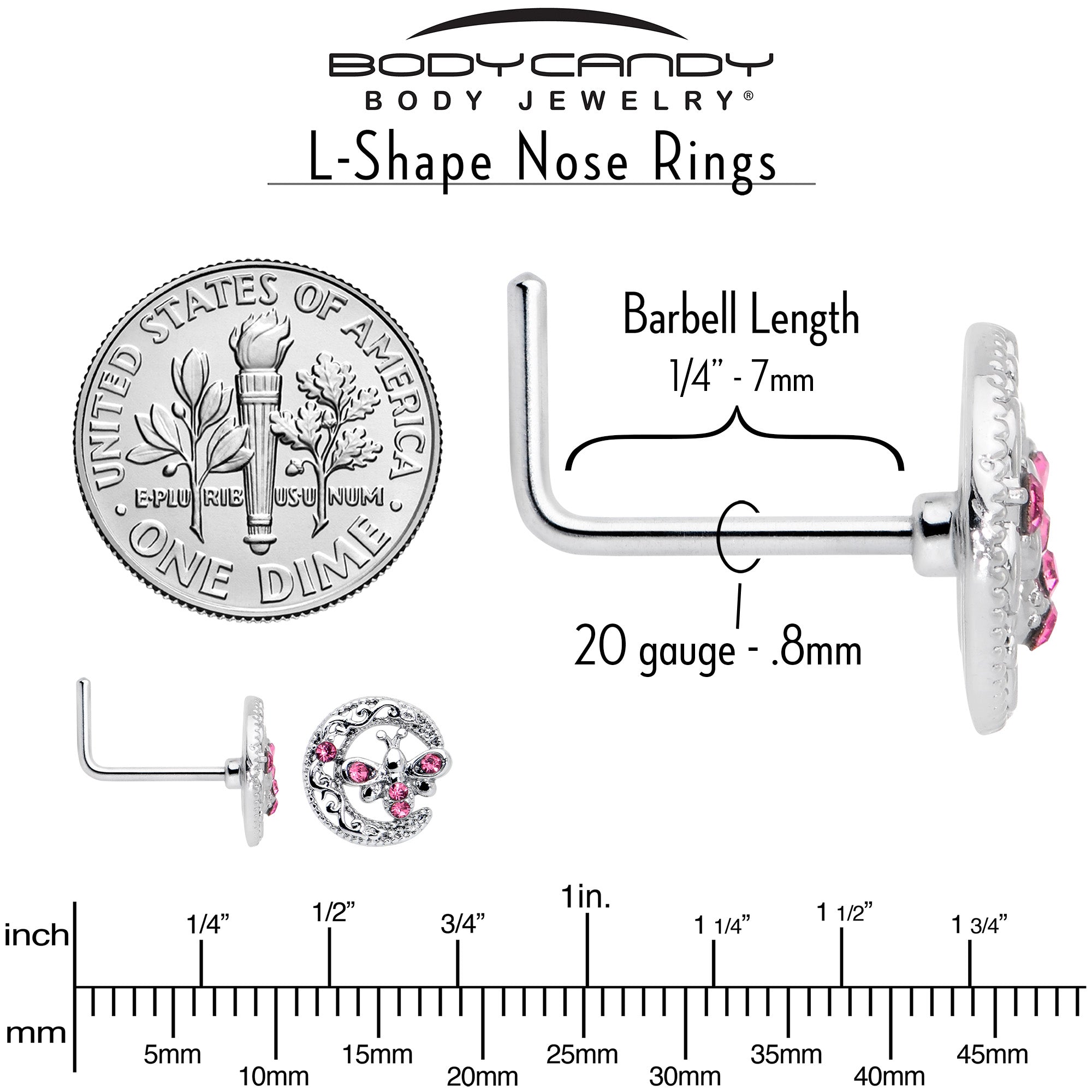 BodyCandy 20G 7mm Pink Gem Lunar Dragonfly L Shape Nose Ring — alternative angle