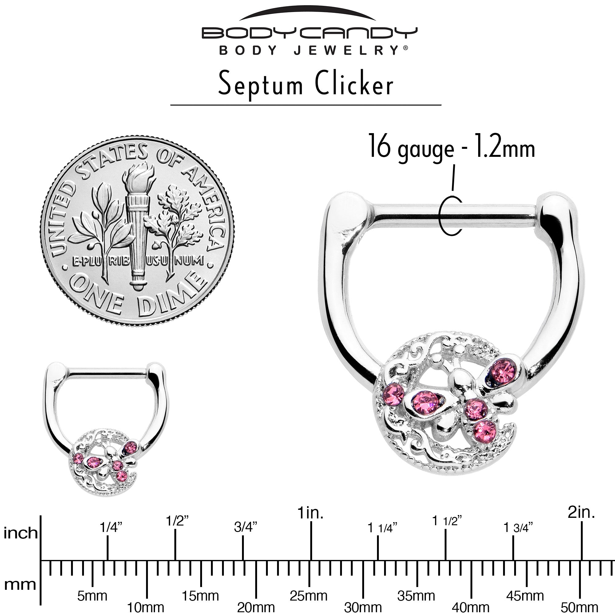 BodyCandy 16G 5/16 Pink Gem Lunar Dragonfly Cartilage Clicker — alternative angle