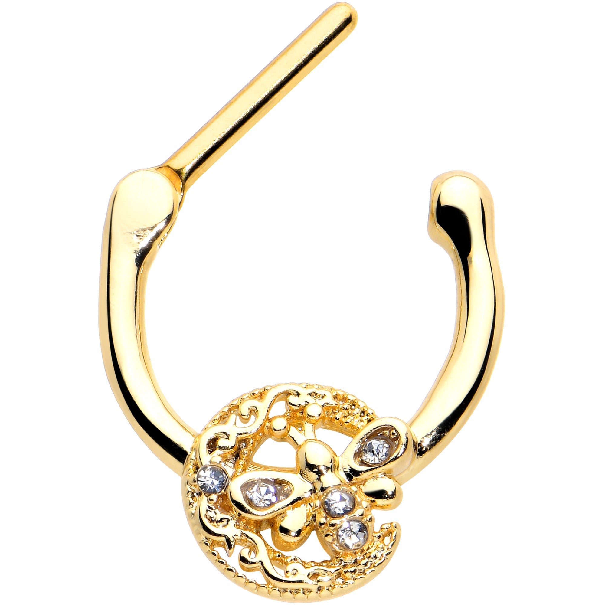 BodyCandy 16G 5/16 Clear Gem Gold Tone Lunar Dragonfly Cartilage Clicker — detail close-up
