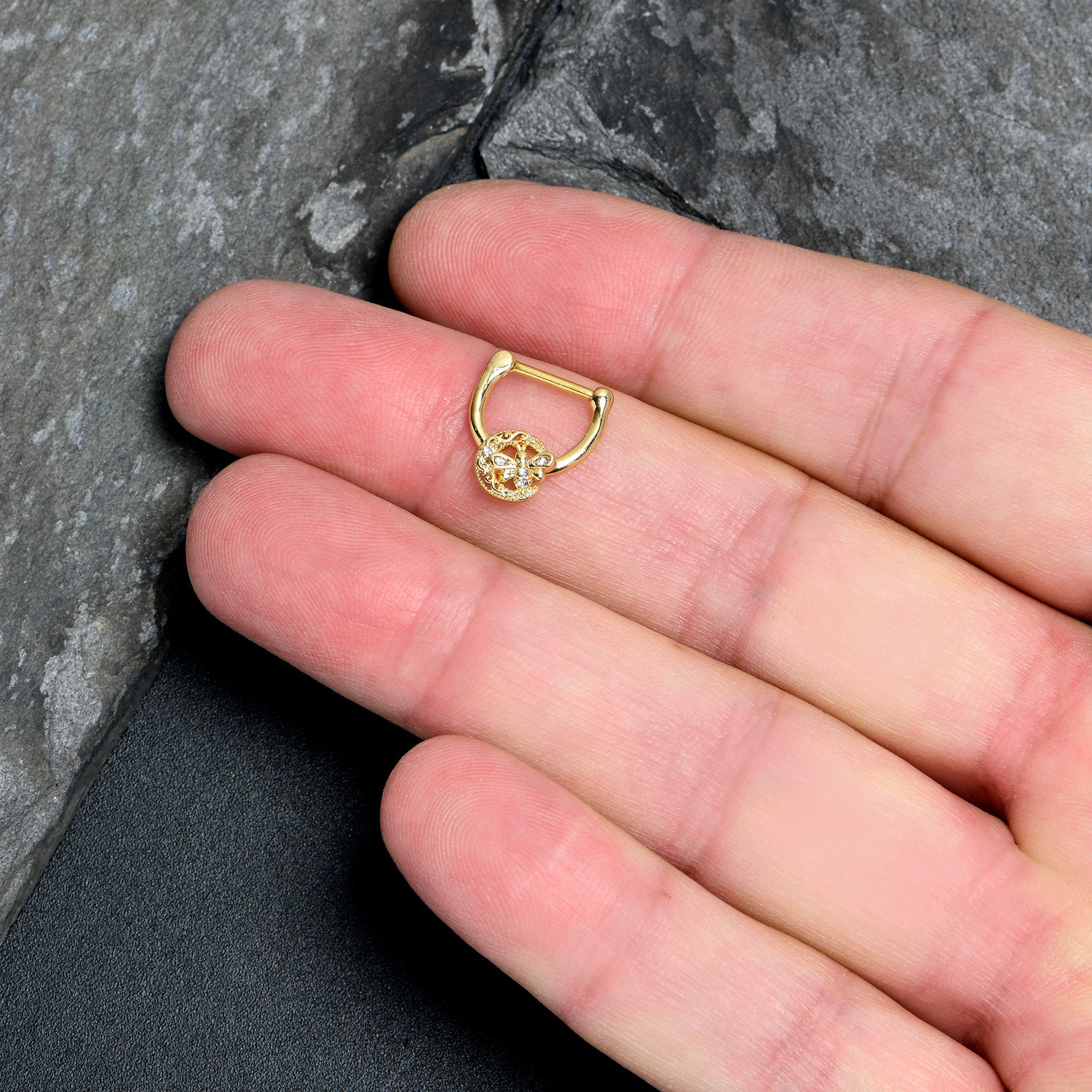 BodyCandy 16G 5/16 Clear Gem Gold Tone Lunar Dragonfly Cartilage Clicker — lifestyle context