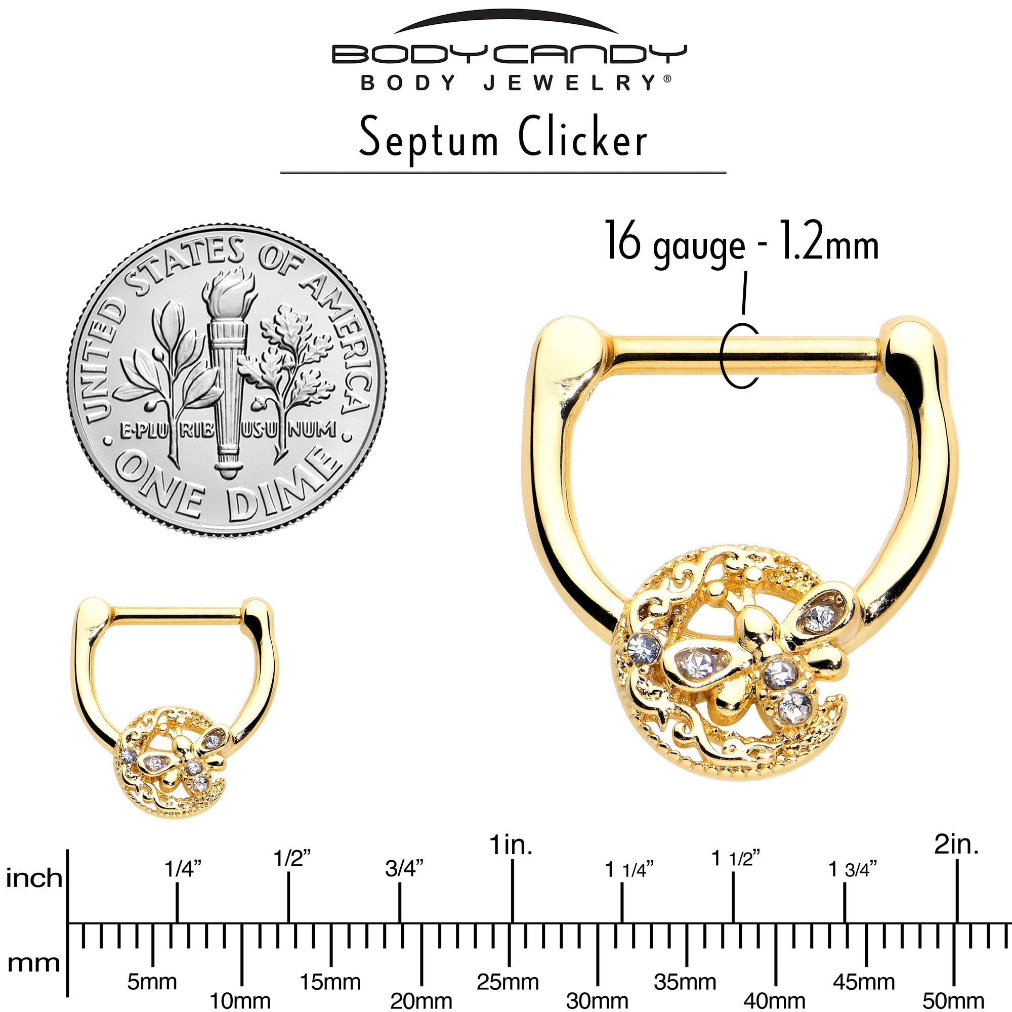 BodyCandy 16G 5/16 Clear Gem Gold Tone Lunar Dragonfly Cartilage Clicker — alternative angle