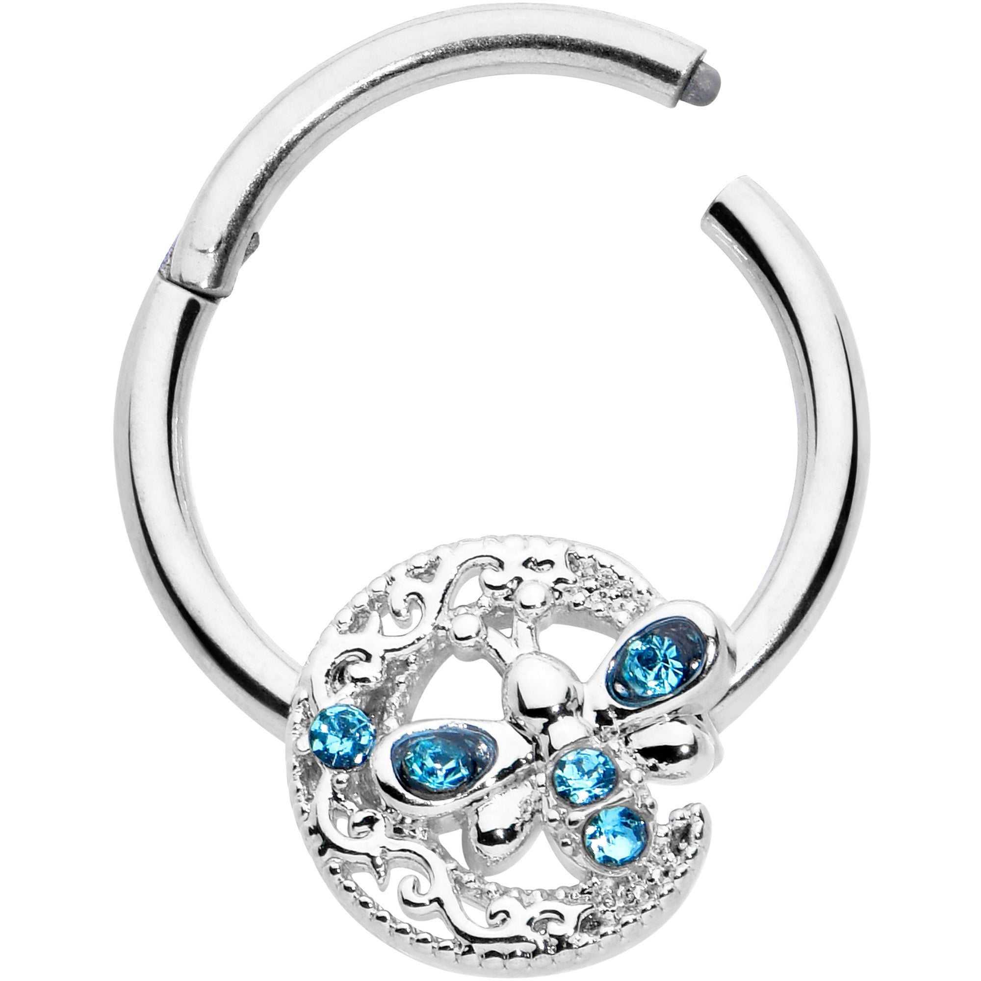 BodyCandy 16G 3/8 Blue Gem Lunar Dragonfly Hinged Segment Ring — detail close-up