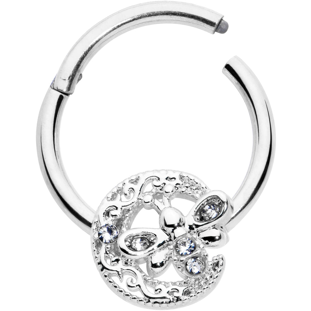 BodyCandy 16G 3/8 Clear Gem Lunar Dragonfly Hinged Segment Ring — detail close-up