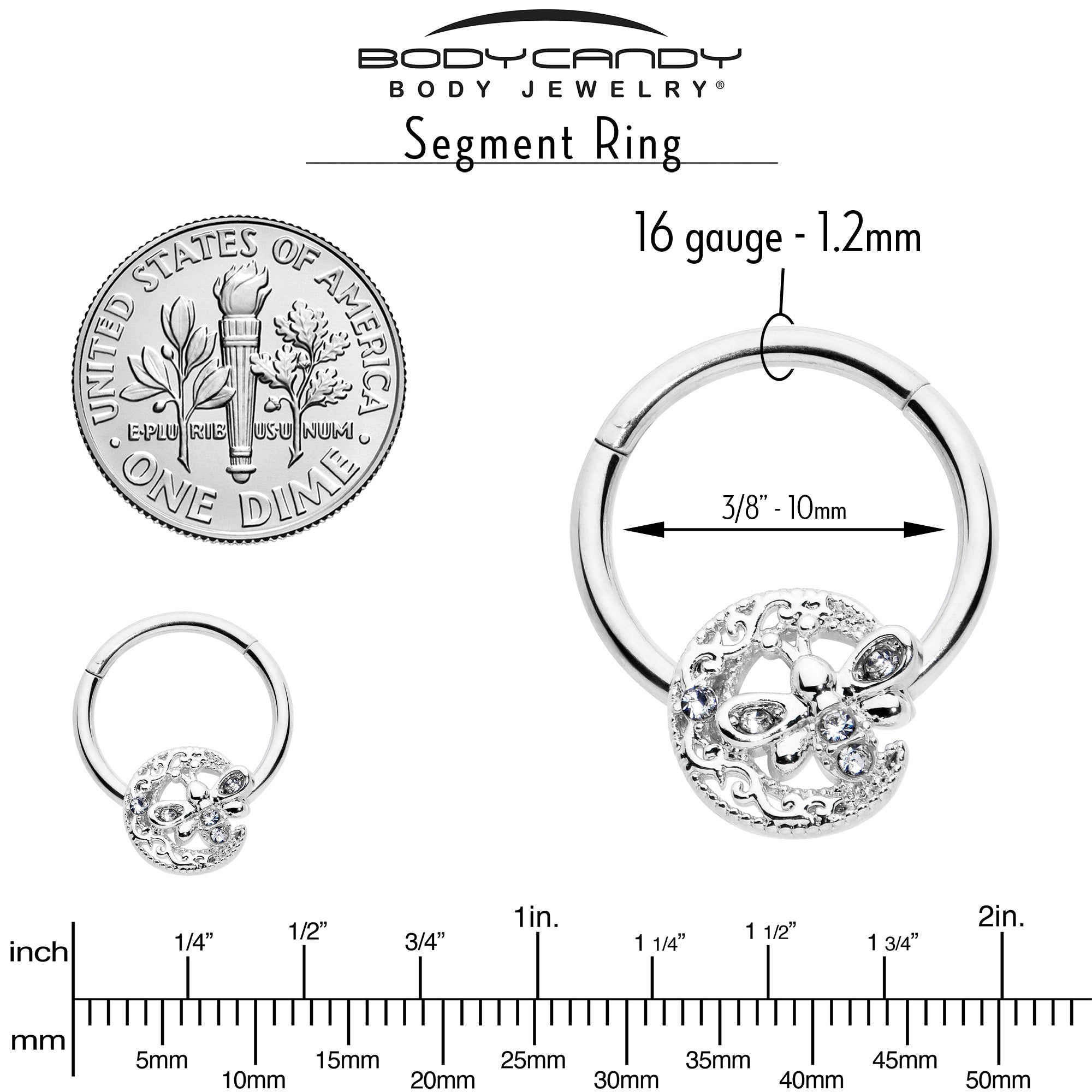 BodyCandy 16G 3/8 Clear Gem Lunar Dragonfly Hinged Segment Ring — alternative angle