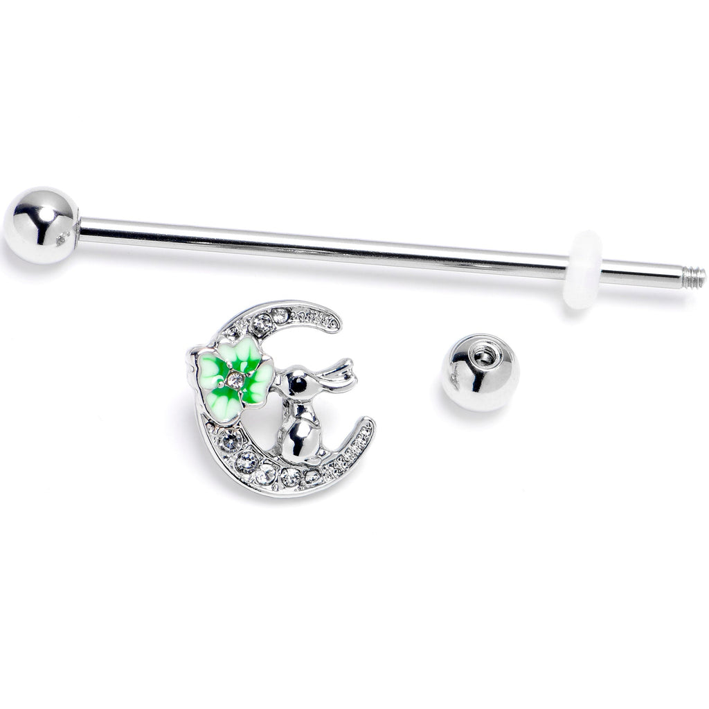 BodyCandy 14G Clear Gem Rabbit On Moon Flower Industrial Barbell 38mm — detail close-up