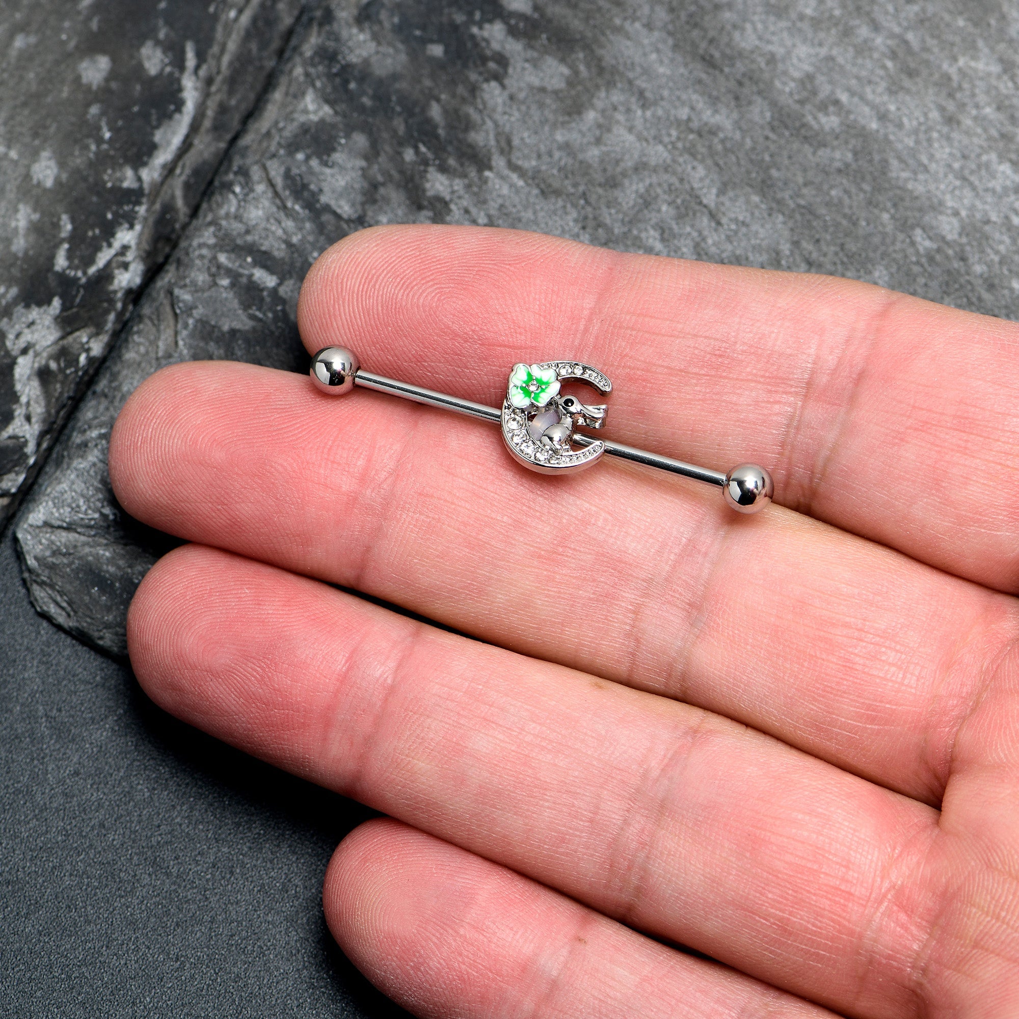 BodyCandy 14G Clear Gem Rabbit On Moon Flower Industrial Barbell 38mm — lifestyle context