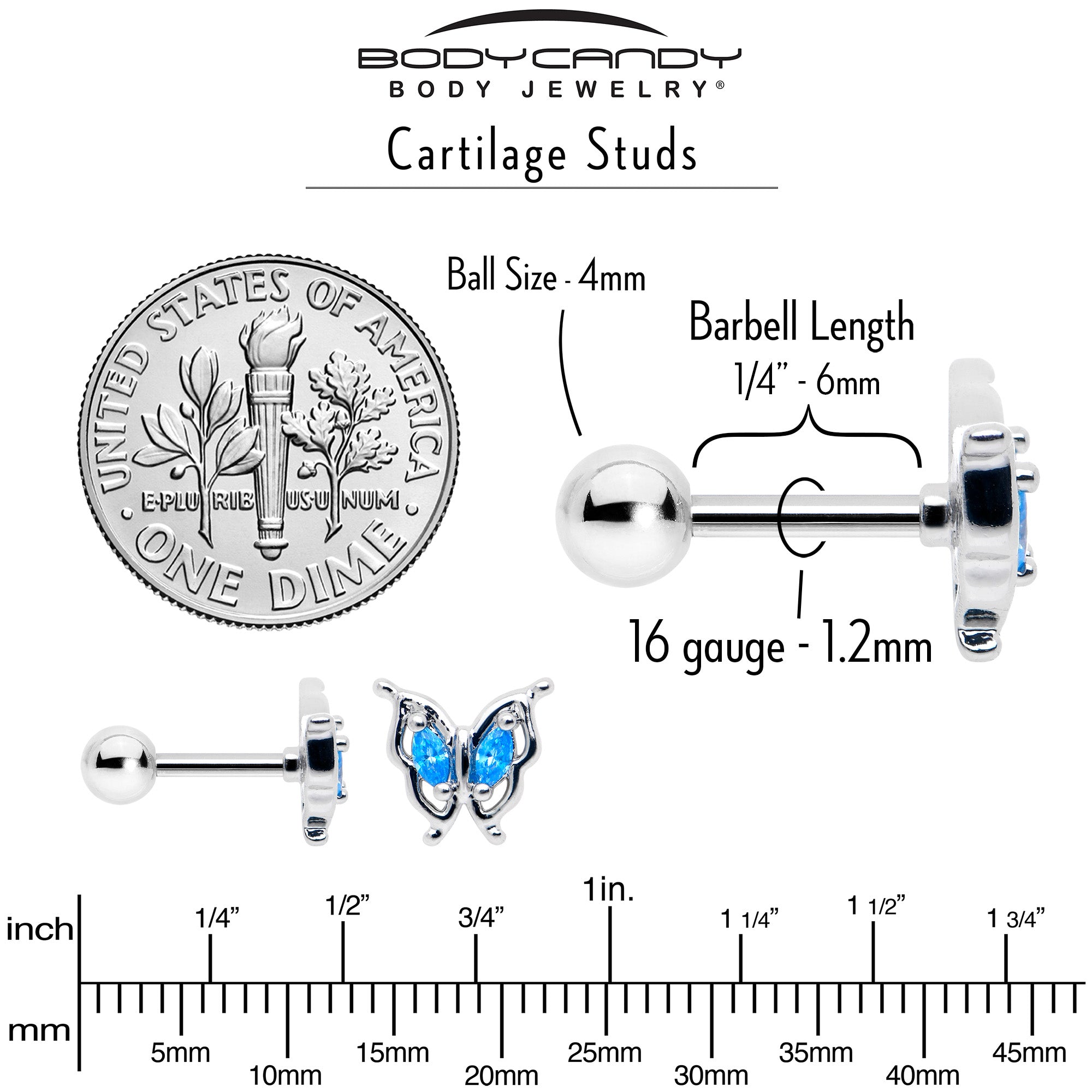 BodyCandy 16G 1/4 Blue Gem Fancy Fab Butterfly Cartilage Tragus Earring — alternative angle