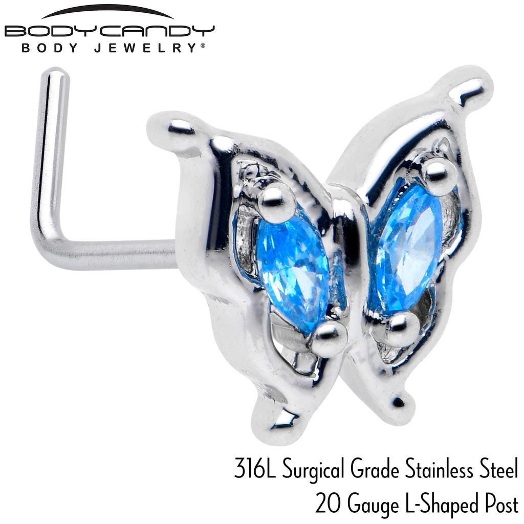 BodyCandy 20G 7mm Blue Gem Fancy Fab Butterfly L Shape Nose Ring — back view