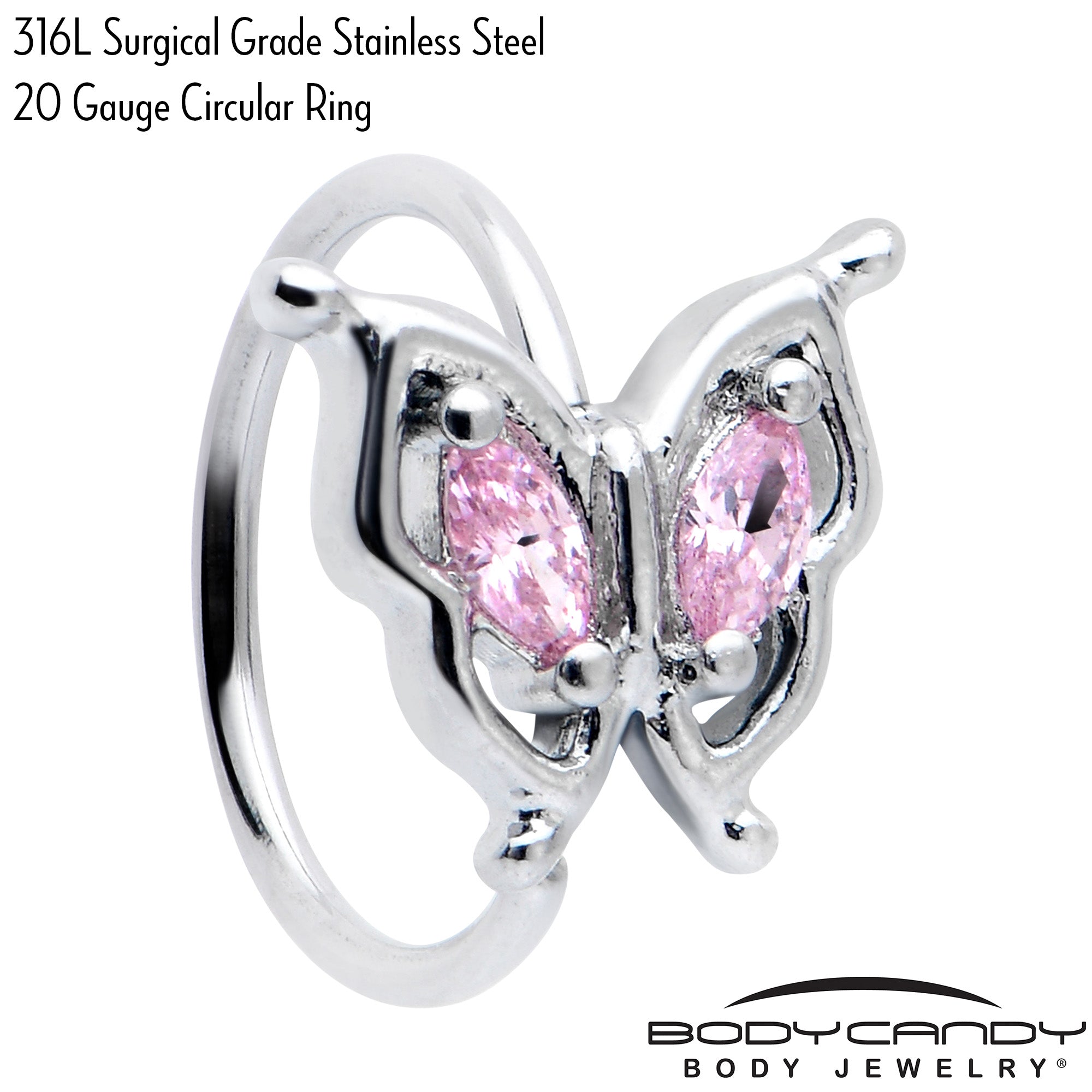 BodyCandy 20G 5/16 Pink Gem Fancy Fab Butterfly Nose Hoop — back view