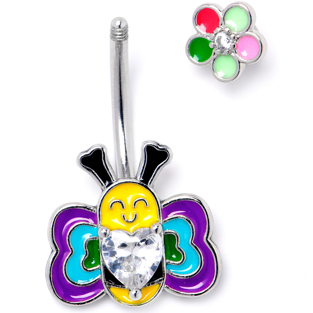 BodyCandy Clear CZ Gem Butterfly Love Bug Heart Flower Double Mount Belly Ring — detail close-up