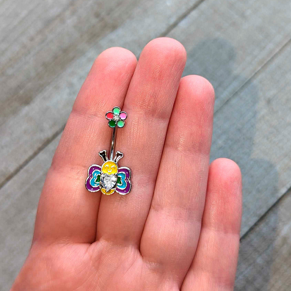 BodyCandy Clear CZ Gem Butterfly Love Bug Heart Flower Double Mount Belly Ring — lifestyle context