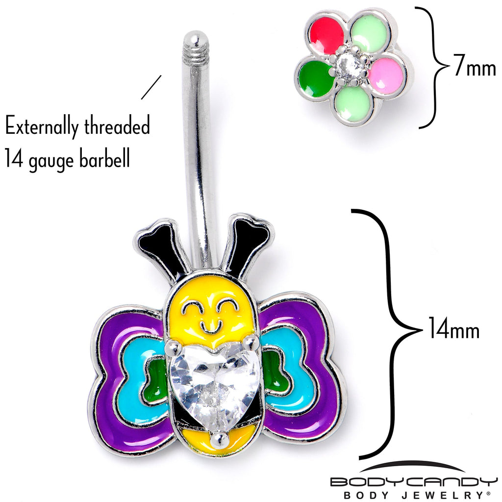 BodyCandy Clear CZ Gem Butterfly Love Bug Heart Flower Double Mount Belly Ring — side view