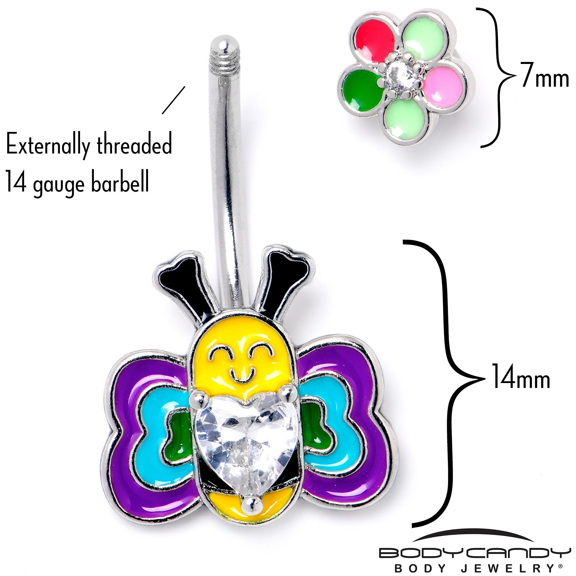 BodyCandy Clear CZ Gem Butterfly Love Bug Heart Flower Double Mount Belly Ring — side view