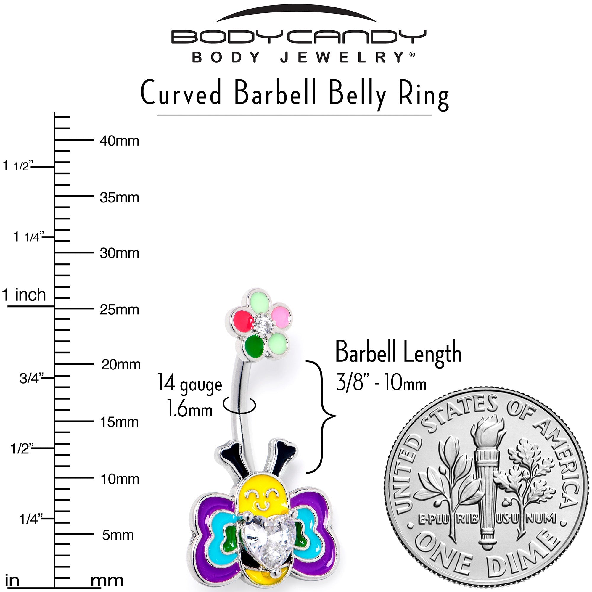 BodyCandy Clear CZ Gem Butterfly Love Bug Heart Flower Double Mount Belly Ring — back view