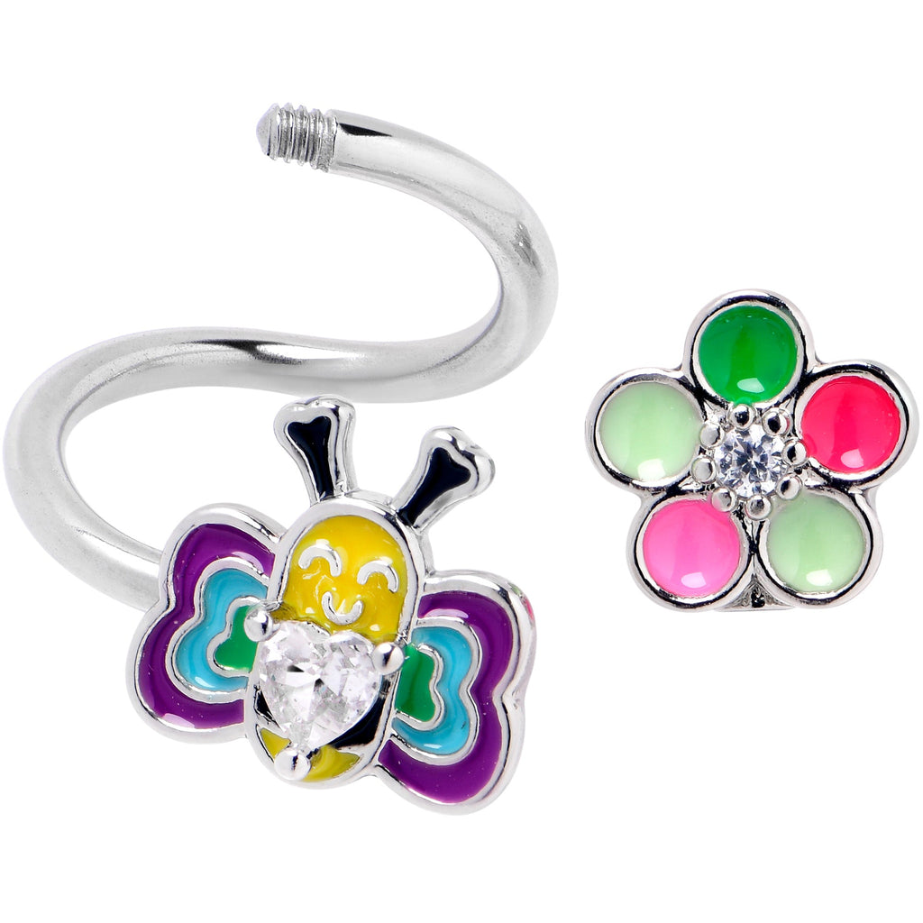 BodyCandy 14G 3/8 Clear CZ Gem Butterfly Love Bug Spiral Twister Belly Ring — detail close-up