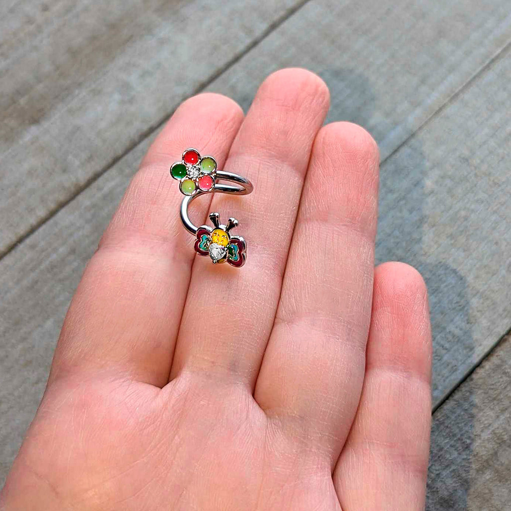 BodyCandy 14G 3/8 Clear CZ Gem Butterfly Love Bug Spiral Twister Belly Ring — lifestyle context