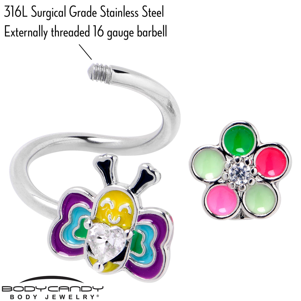 BodyCandy 14G 3/8 Clear CZ Gem Butterfly Love Bug Spiral Twister Belly Ring — side view