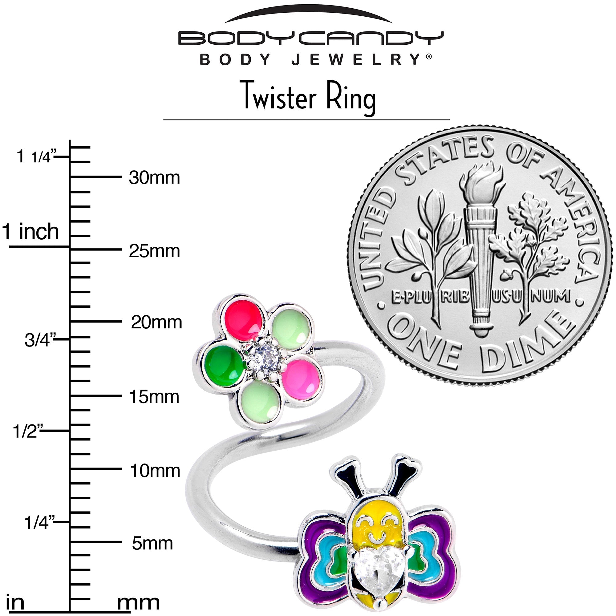 BodyCandy 14G 3/8 Clear CZ Gem Butterfly Love Bug Spiral Twister Belly Ring — back view