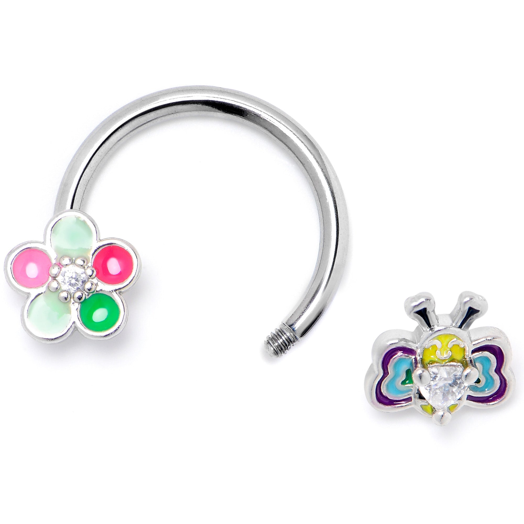 BodyCandy 16G 3/8 Clear CZ Gem Butterfly Love Bug Horseshoe Circular Barbell — side view