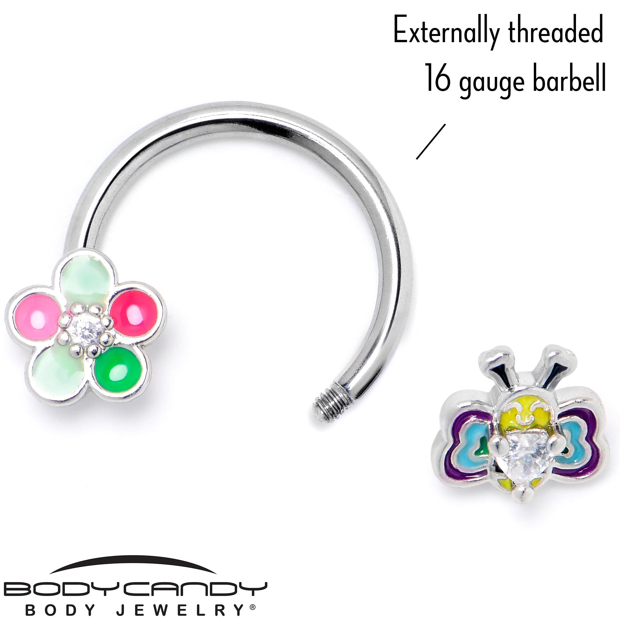 BodyCandy 16G 3/8 Clear CZ Gem Butterfly Love Bug Horseshoe Circular Barbell — back view