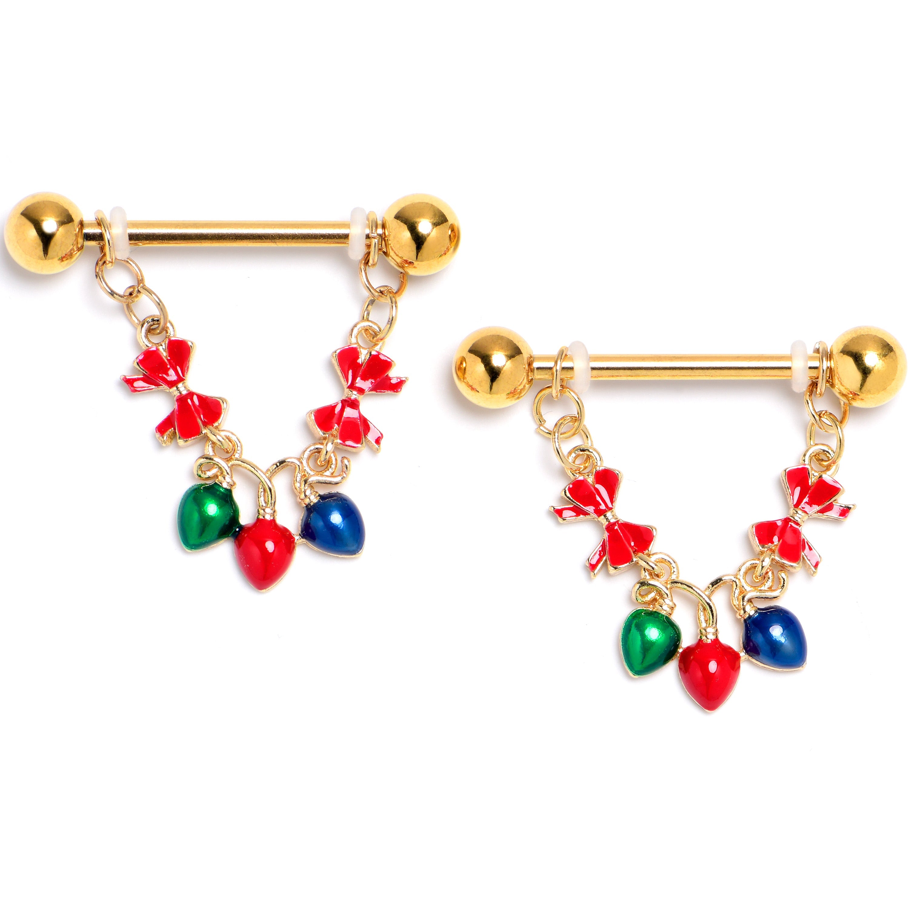 BodyCandy 14G 9/16 Gold Tone Festive Bulbs Christmas Dangle Nipple Ring Set — main product shot