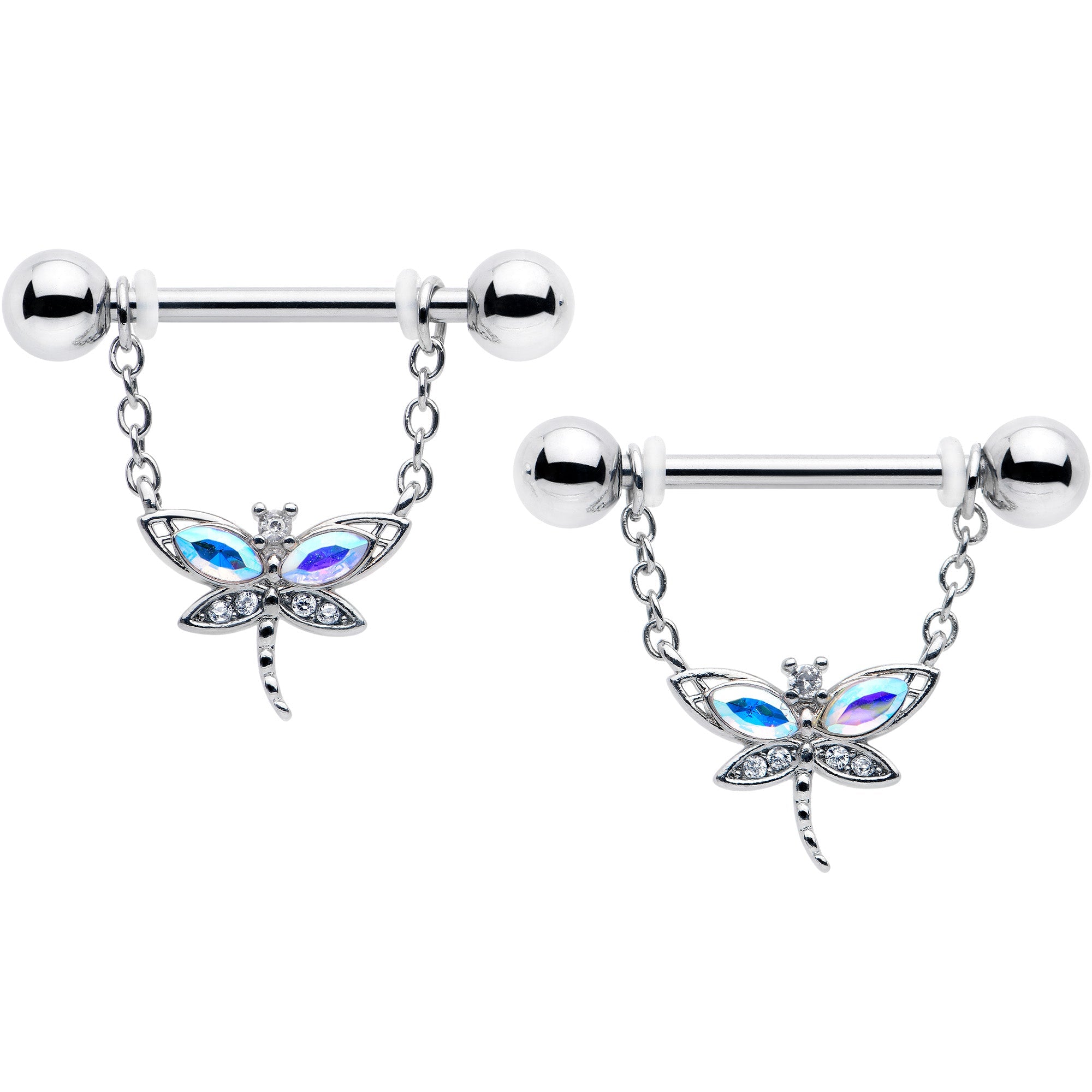 BodyCandy 14G 9/16 Aurora CZ Gem Understated Dragonfly Dangle Nipple Ring Set — main product shot